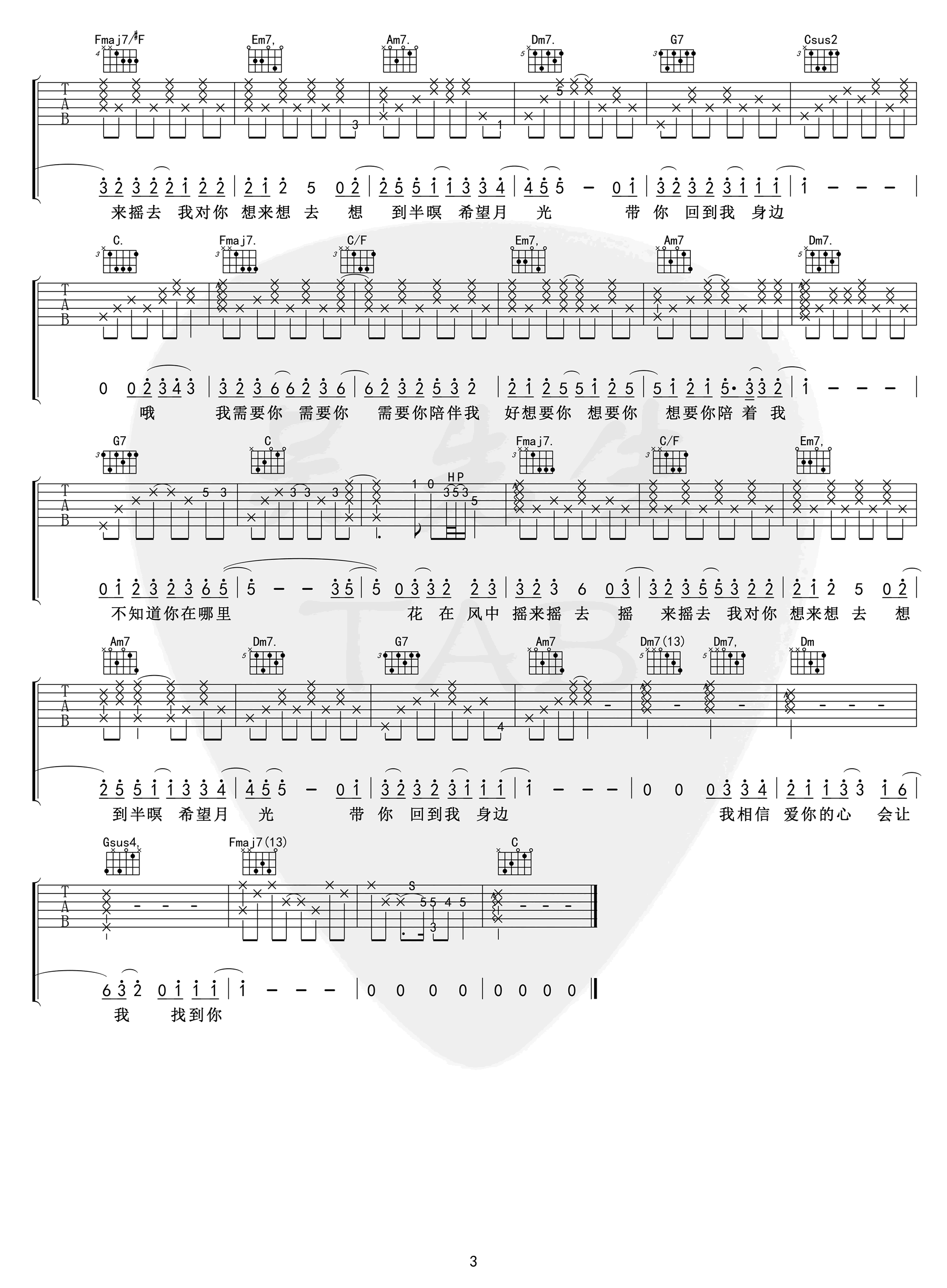 鱼仔吉他谱_卢广仲_C调弹唱谱_高清六线谱