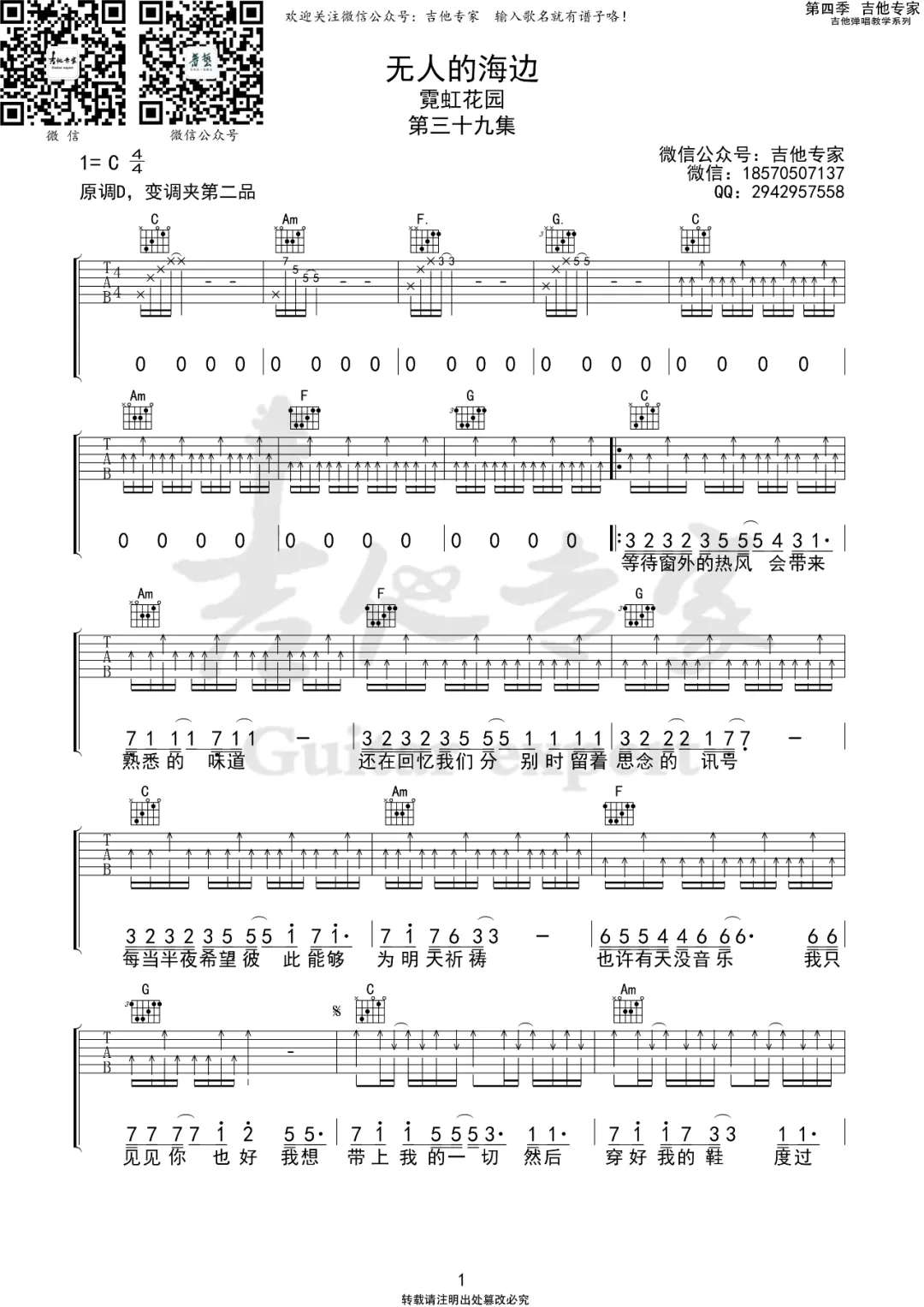_无人的海边_吉他谱_霓虹花园_C调吉他谱_弹唱六线谱