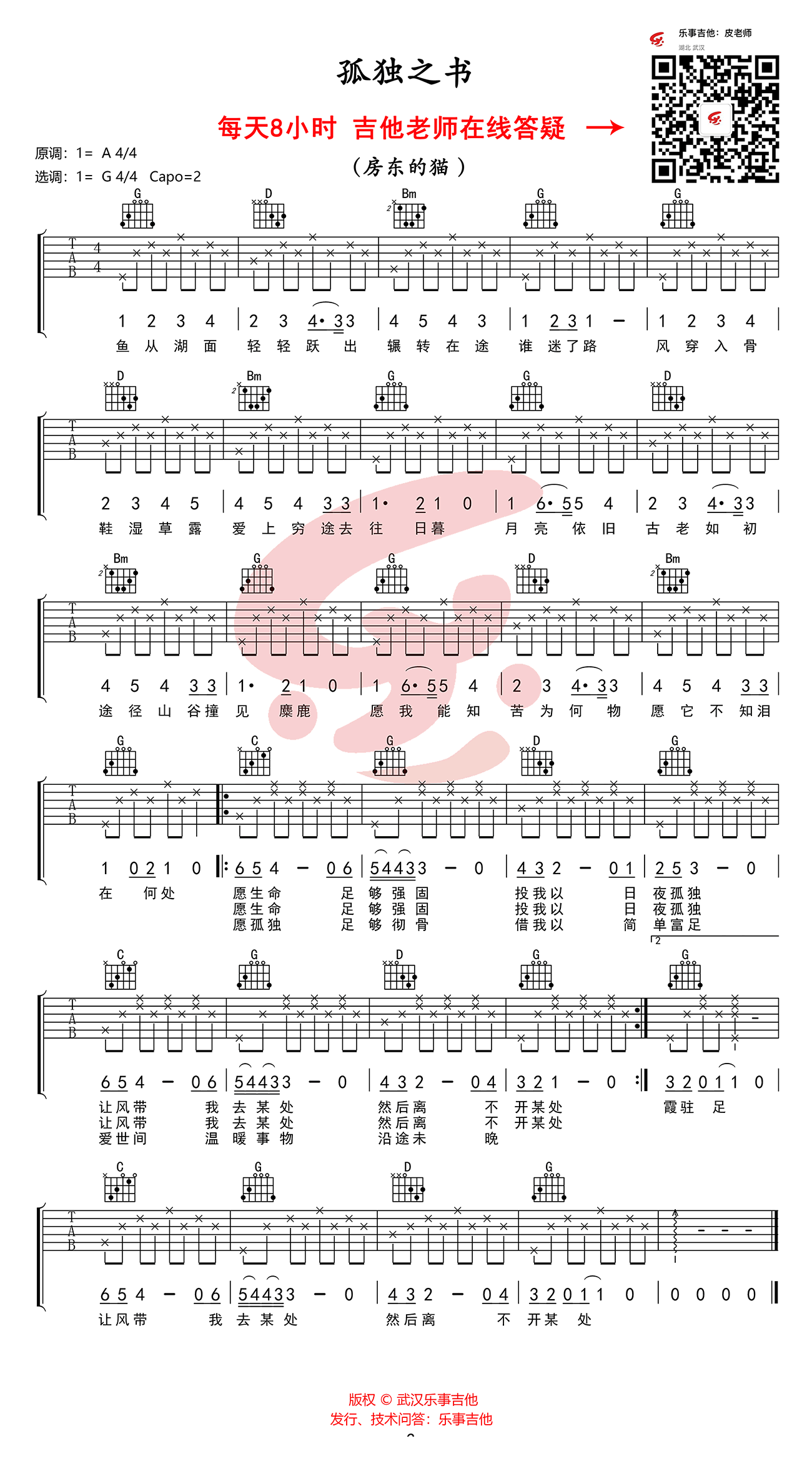 孤独之书吉他谱_房东的猫_G调_弹唱教学视频