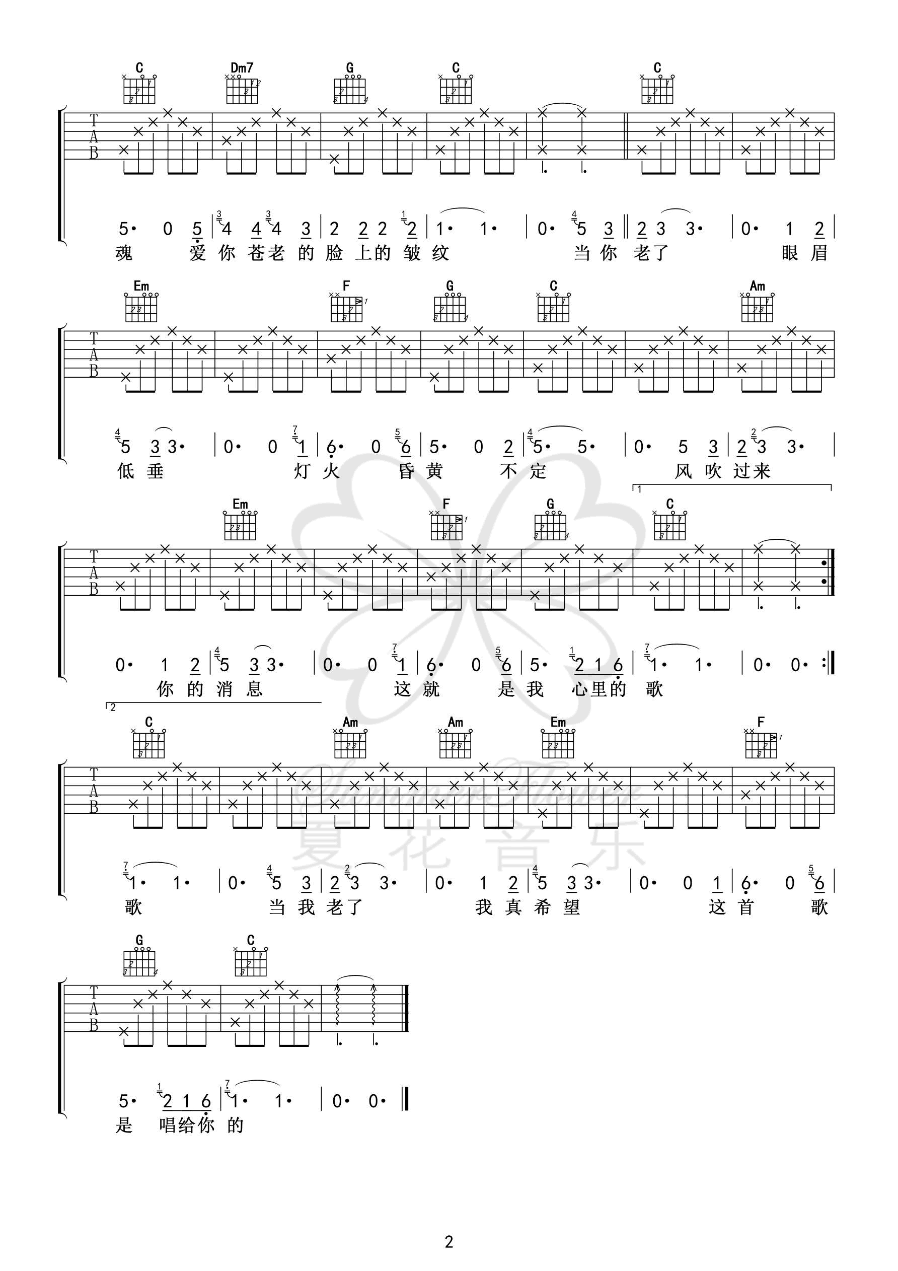当你老了吉他谱_C调简易版_赵照_高清弹唱谱
