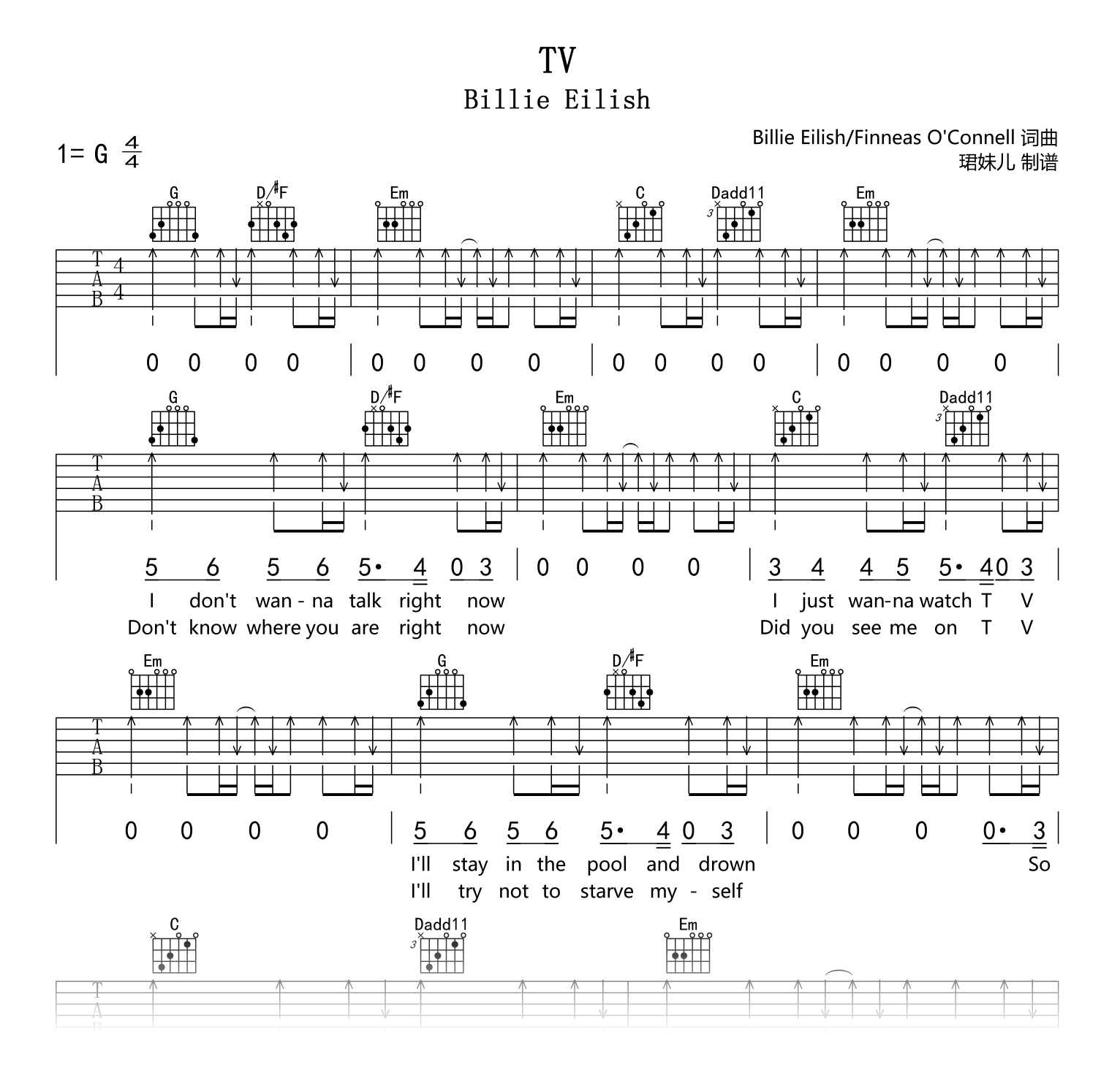 TV吉他谱_Billie_Eilish_G调_高清弹唱六线谱