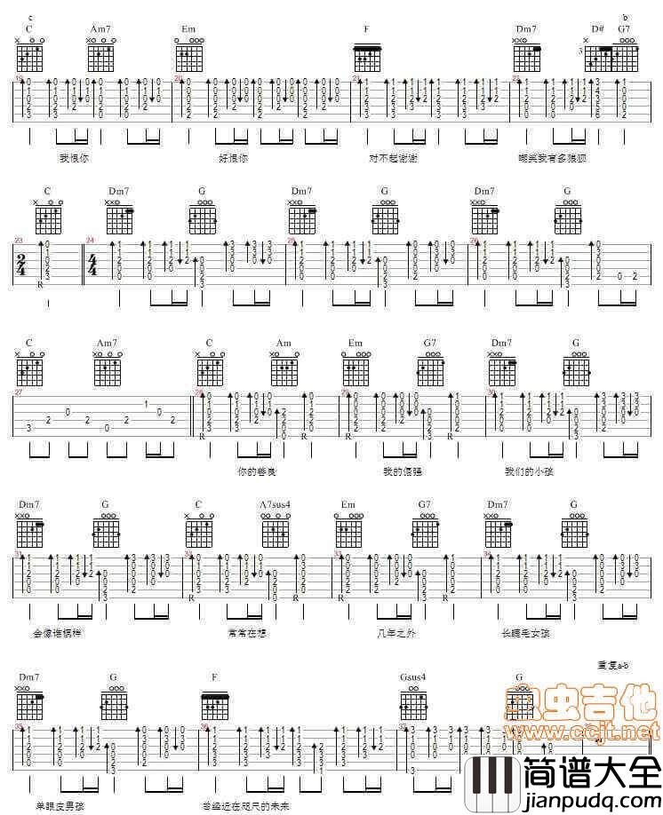 对不起谢谢吉他谱_D调六线谱_陈奕迅