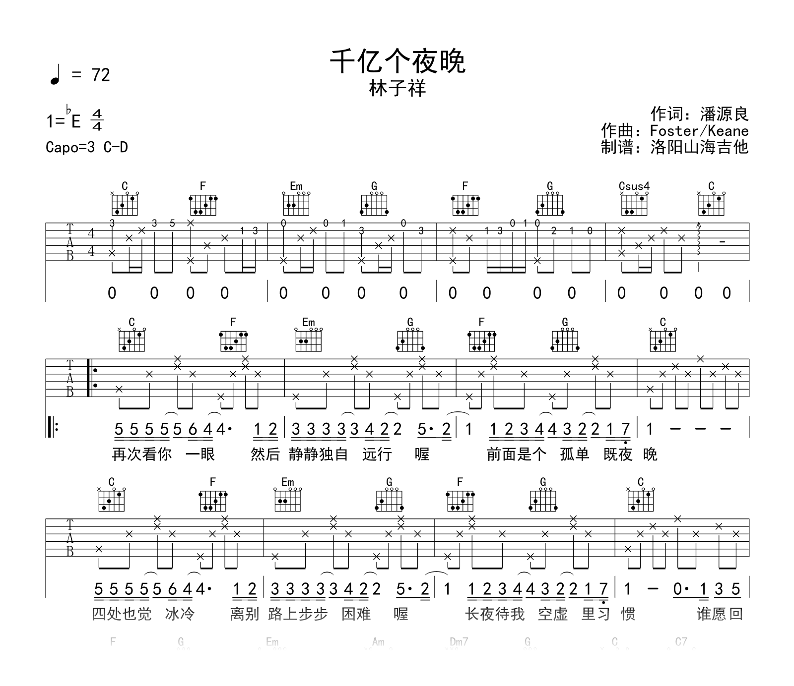 林子祥_千亿个夜晚_吉他谱_C调弹唱六线谱_示范音频