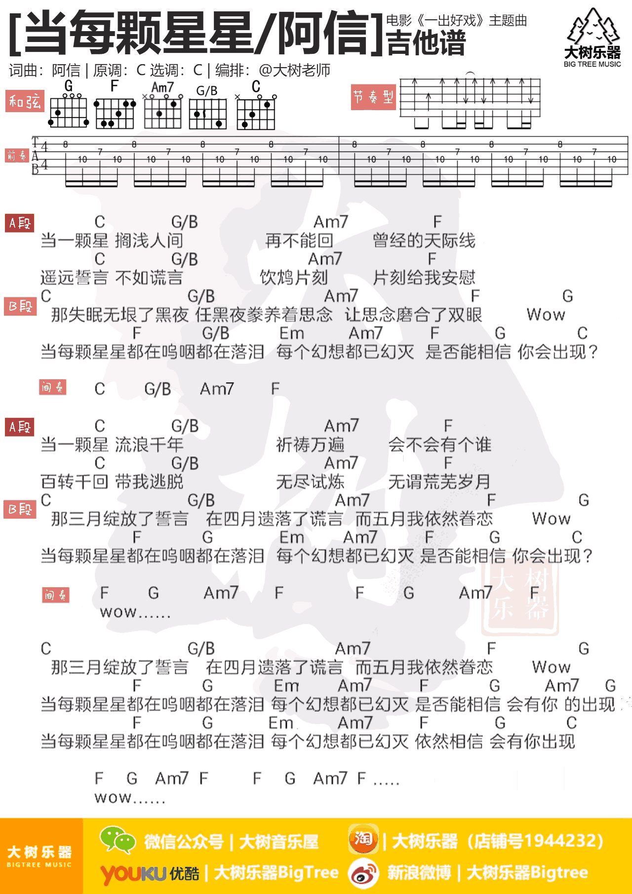 当每颗星星吉他谱_阿信VS黄渤_电影_一出好戏_主题曲