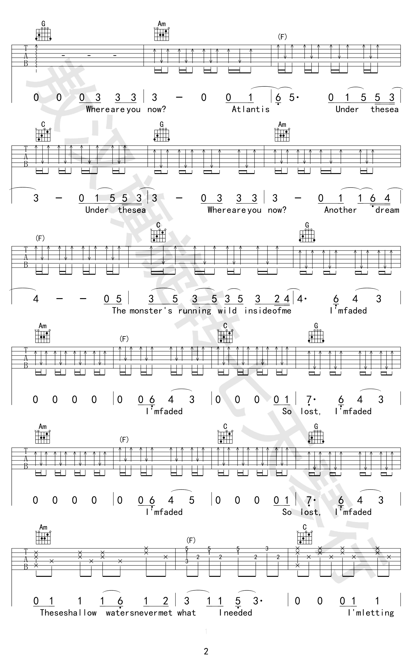 Faded吉他谱_电音神曲_吉他弹唱谱_图片谱完整版