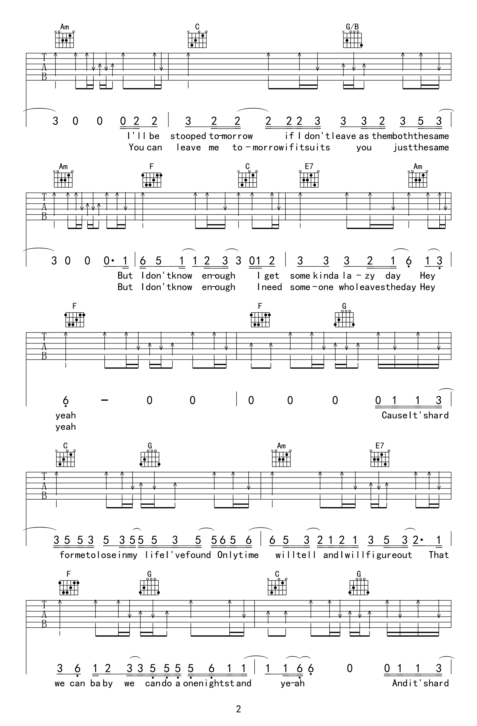 Free_loop吉他谱_C调_Daniel_Powter_弹唱六线谱