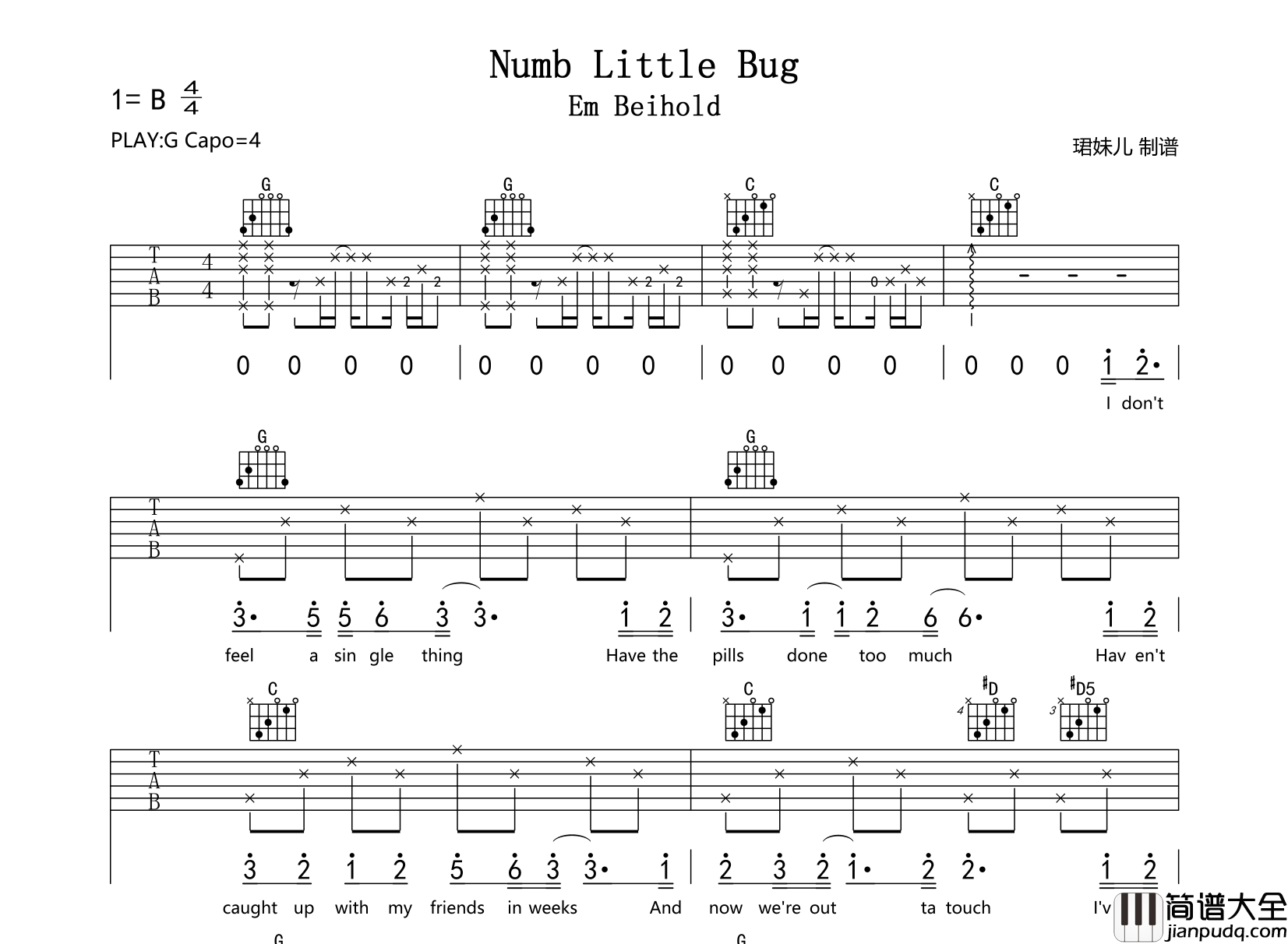 Numb_Little_Bug吉他谱_Em_Beihold_G调原版弹唱谱