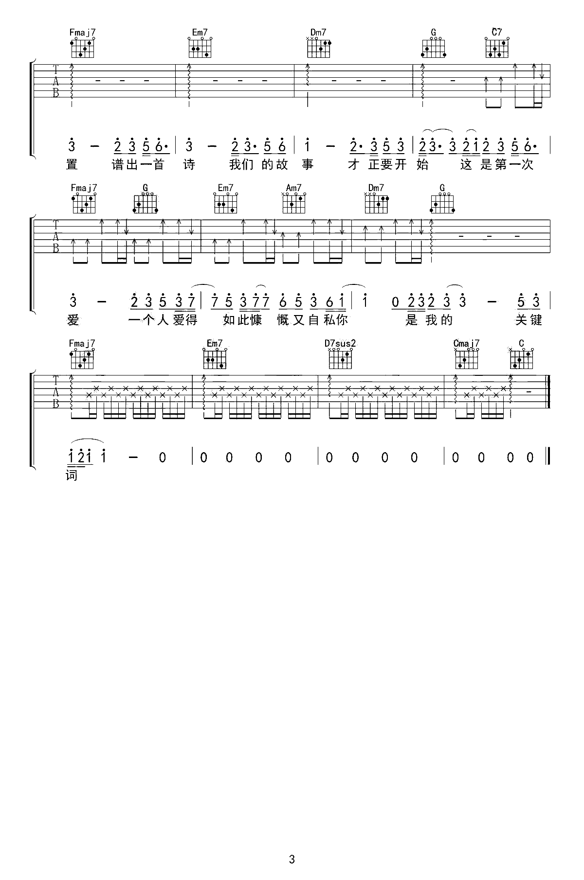 关键词吉他谱_C调_林俊杰_弹唱六线谱