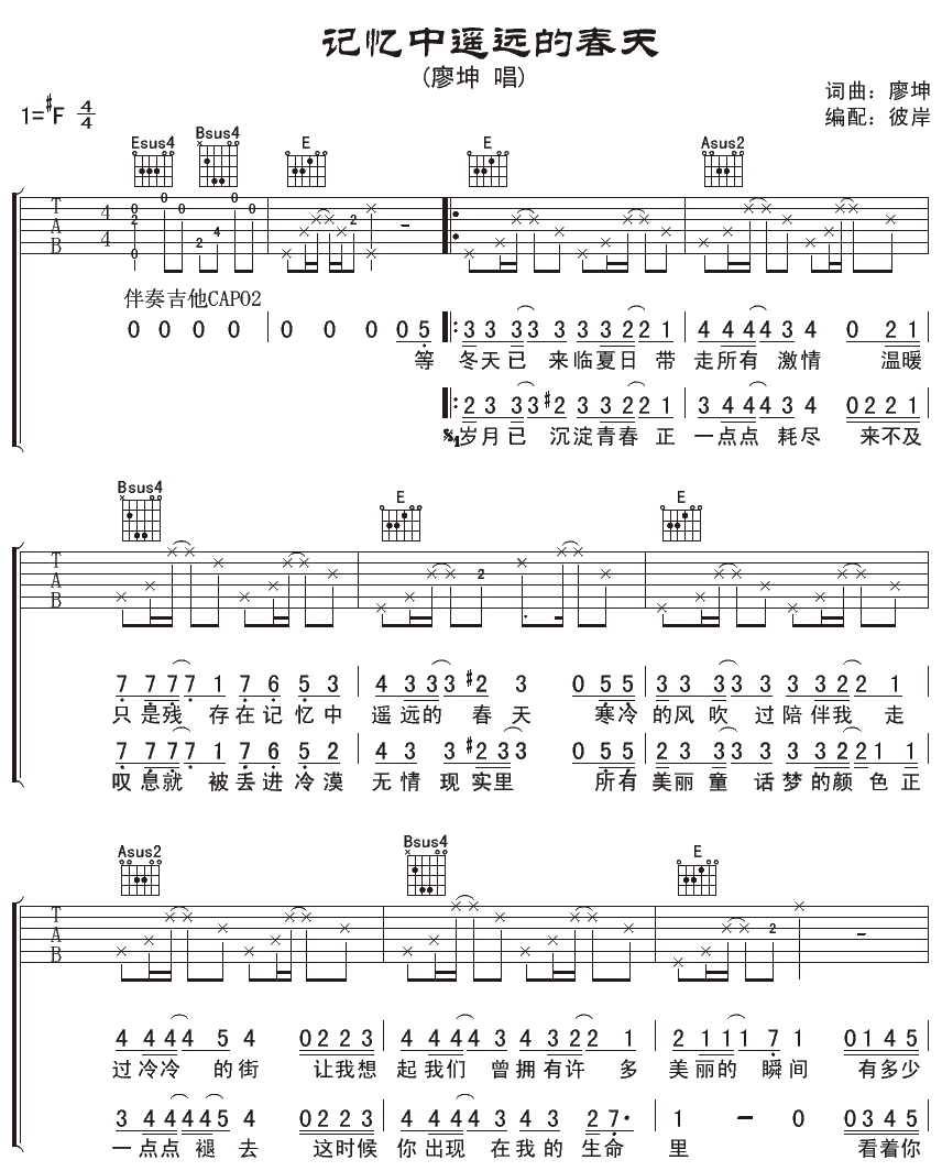 记忆中遥远的春天吉他谱_F调精选版_廖坤