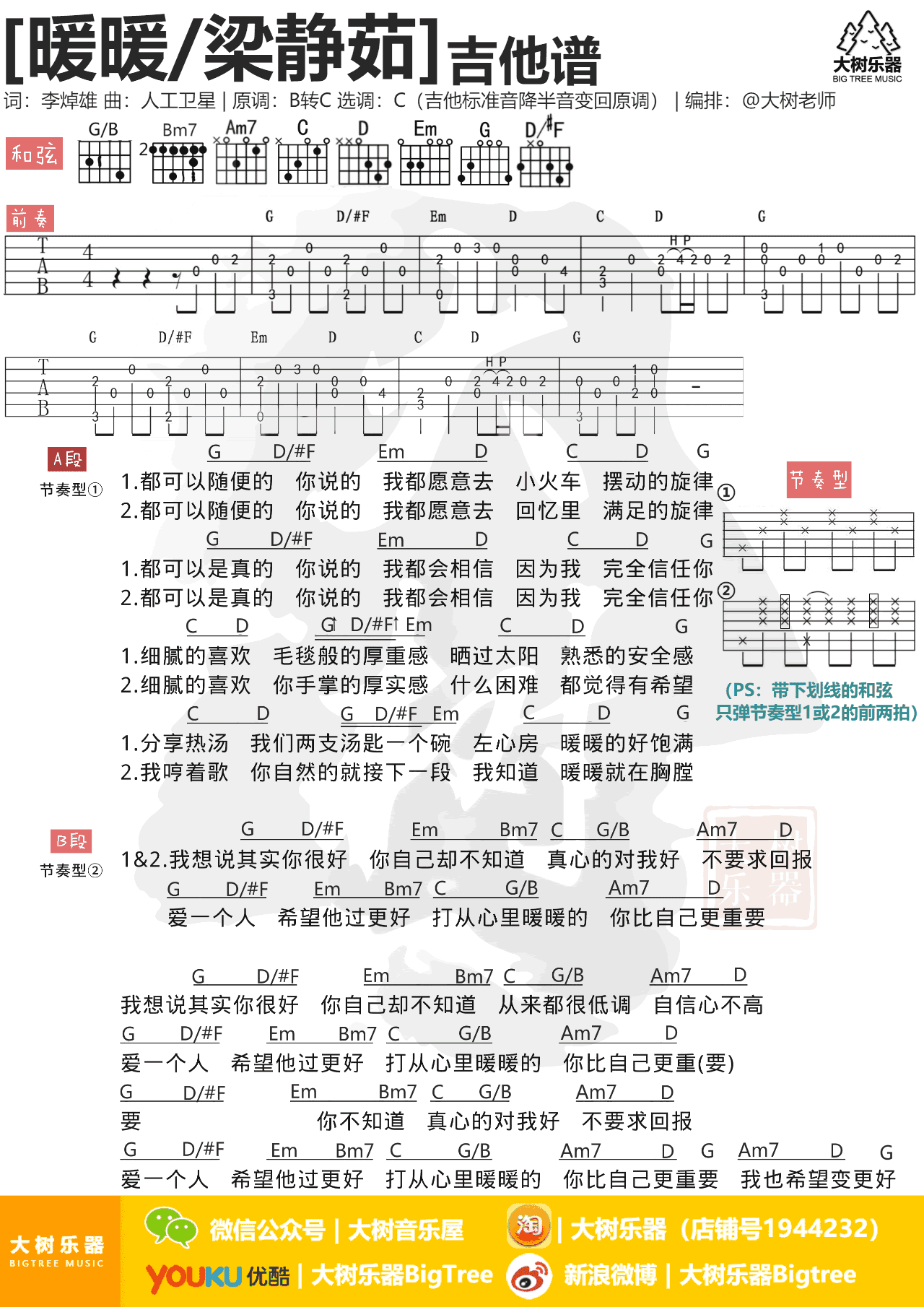 暖暖吉他谱_C调和弦谱_梁静茹_高清图片谱