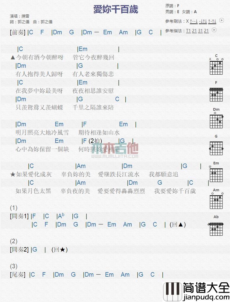 爱你千百岁_吉他谱_陈雷