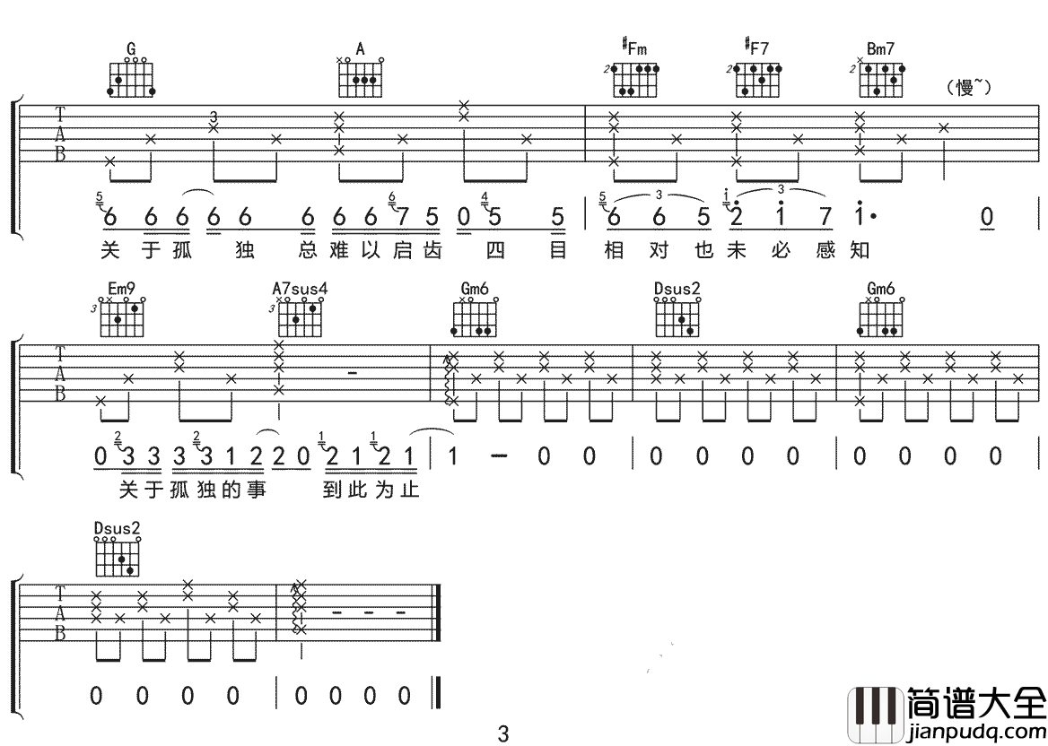 _事关孤独_吉他谱_马良_D调原版弹唱六线谱