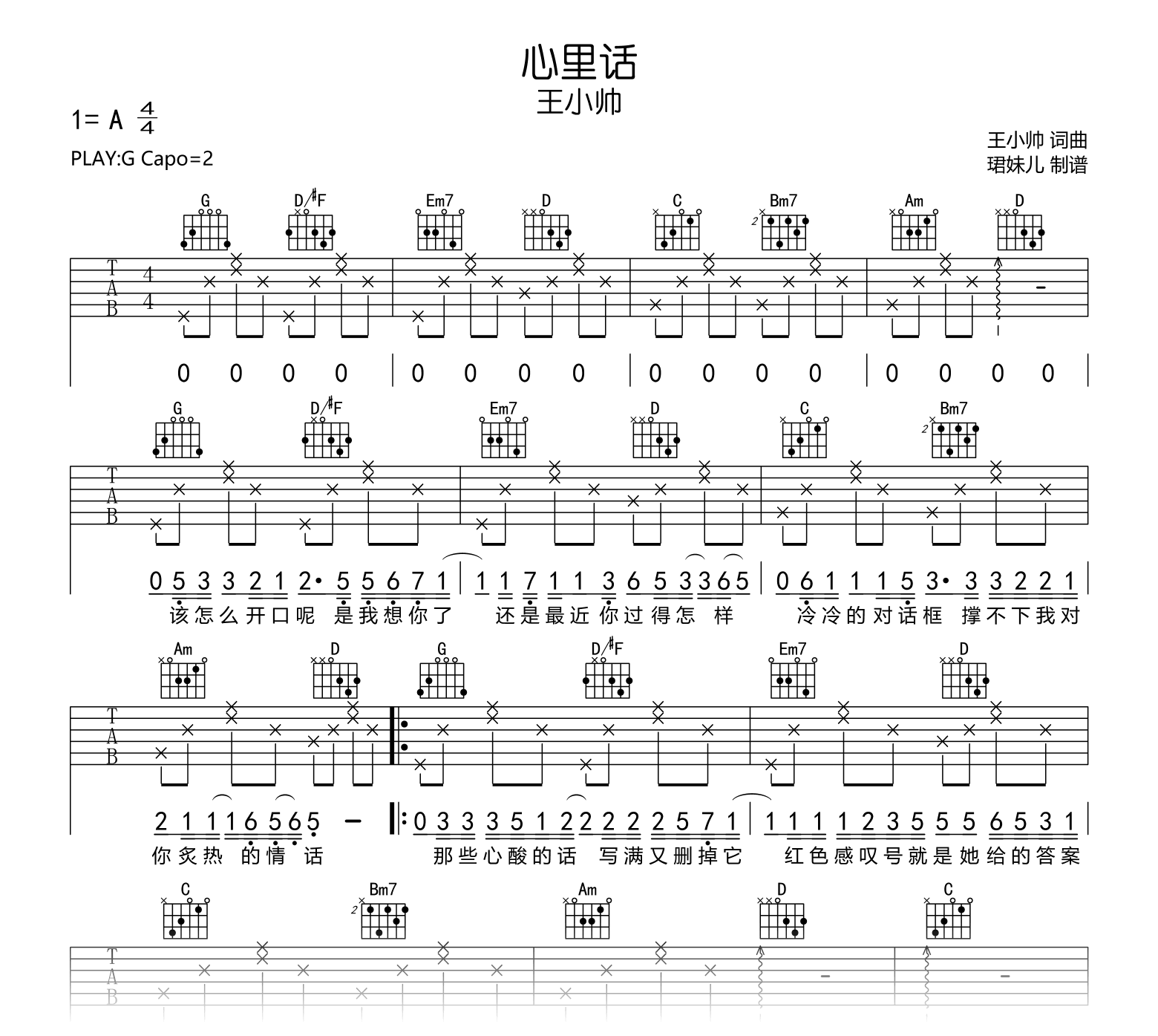 心里话吉他谱_王小帅_G调弹唱谱_高清六线谱