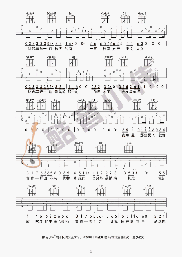 宋冬野_安和桥_包师语C调、G调吉他弹唱六线谱_安河桥女生版