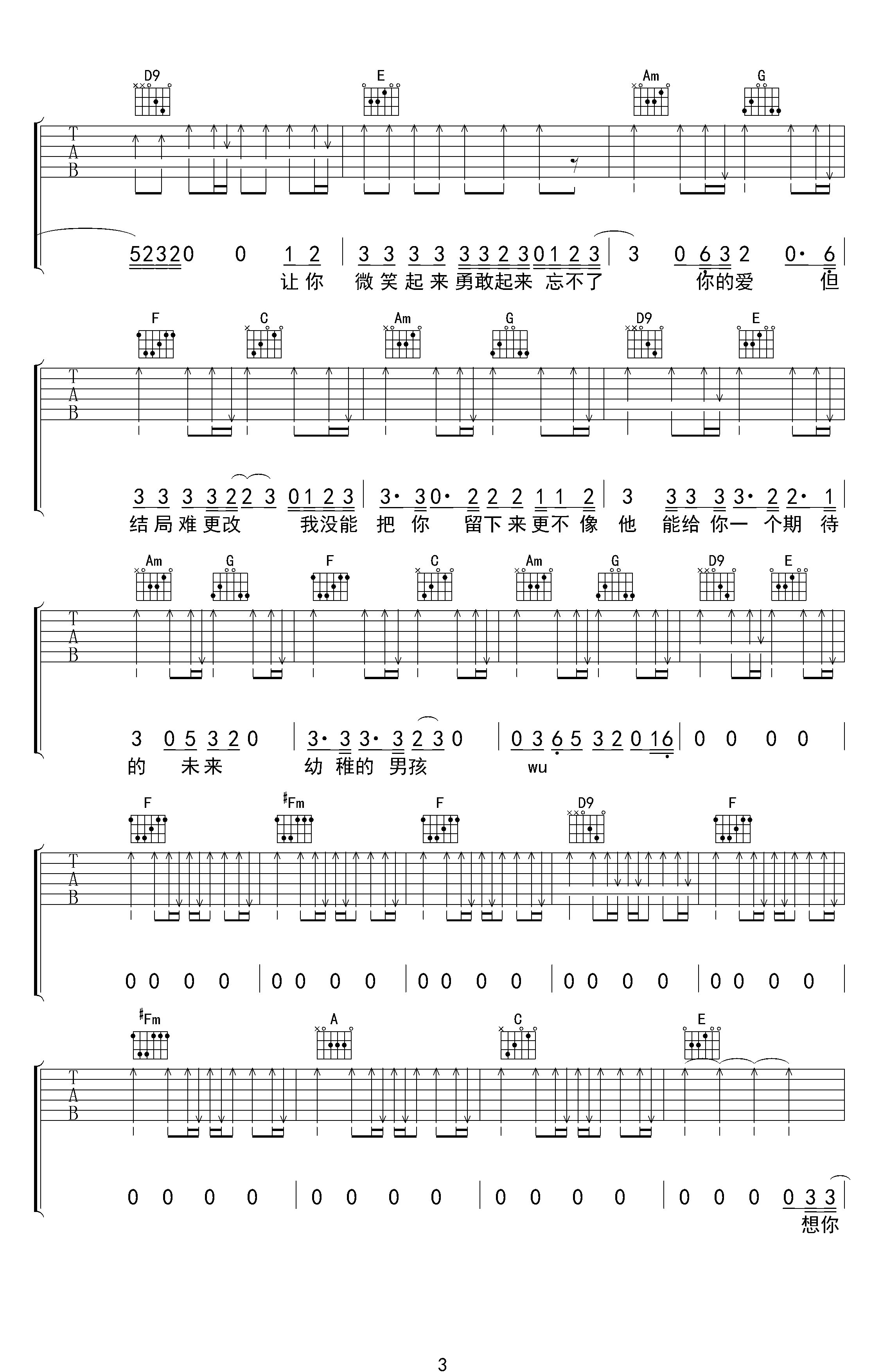 梁博男孩吉他谱_C调弹唱谱_高清图片谱