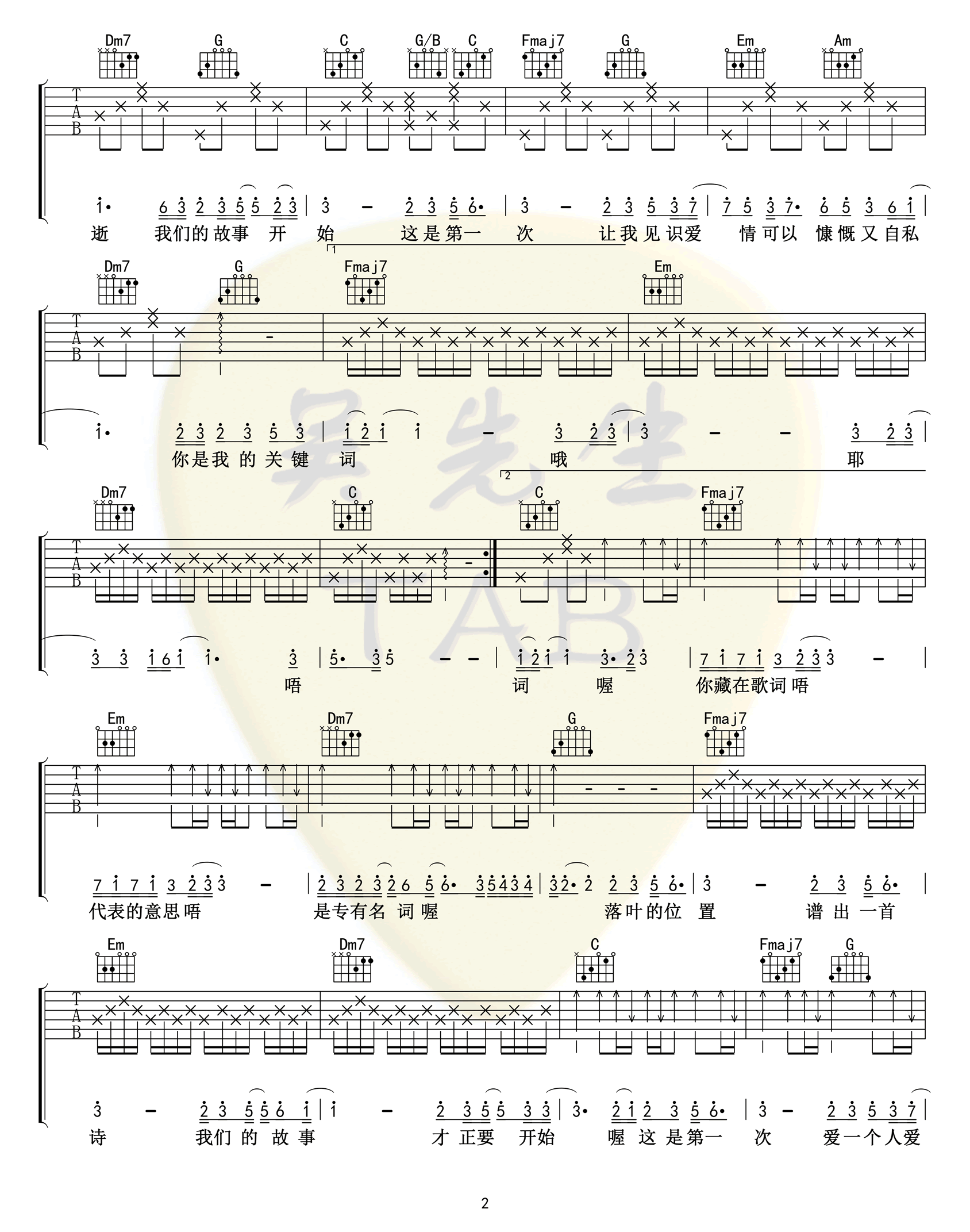 关键词吉他谱_林俊杰_C调弹唱谱_图片谱