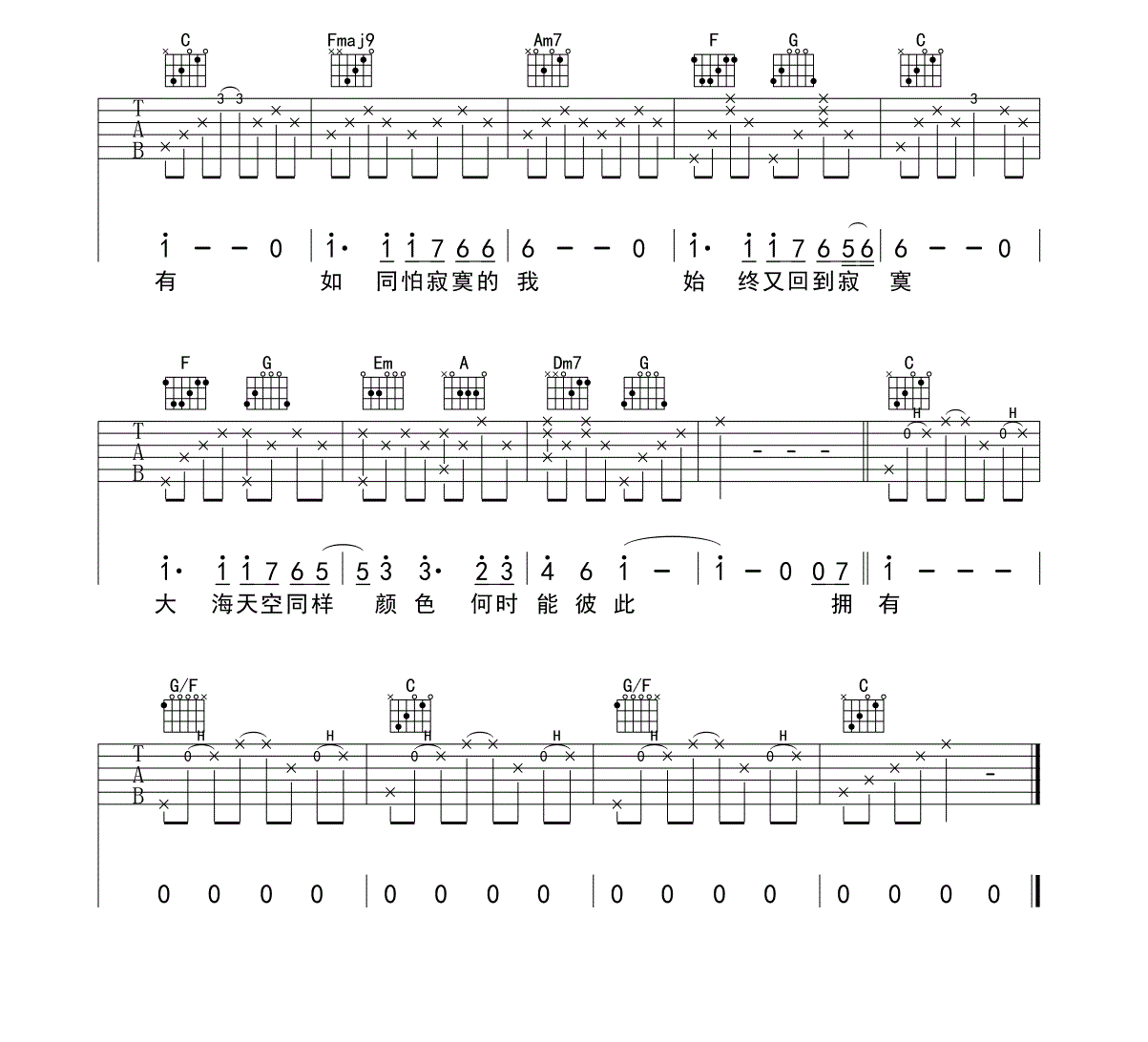 拥有吉他谱_C调六线谱_简单版_光良