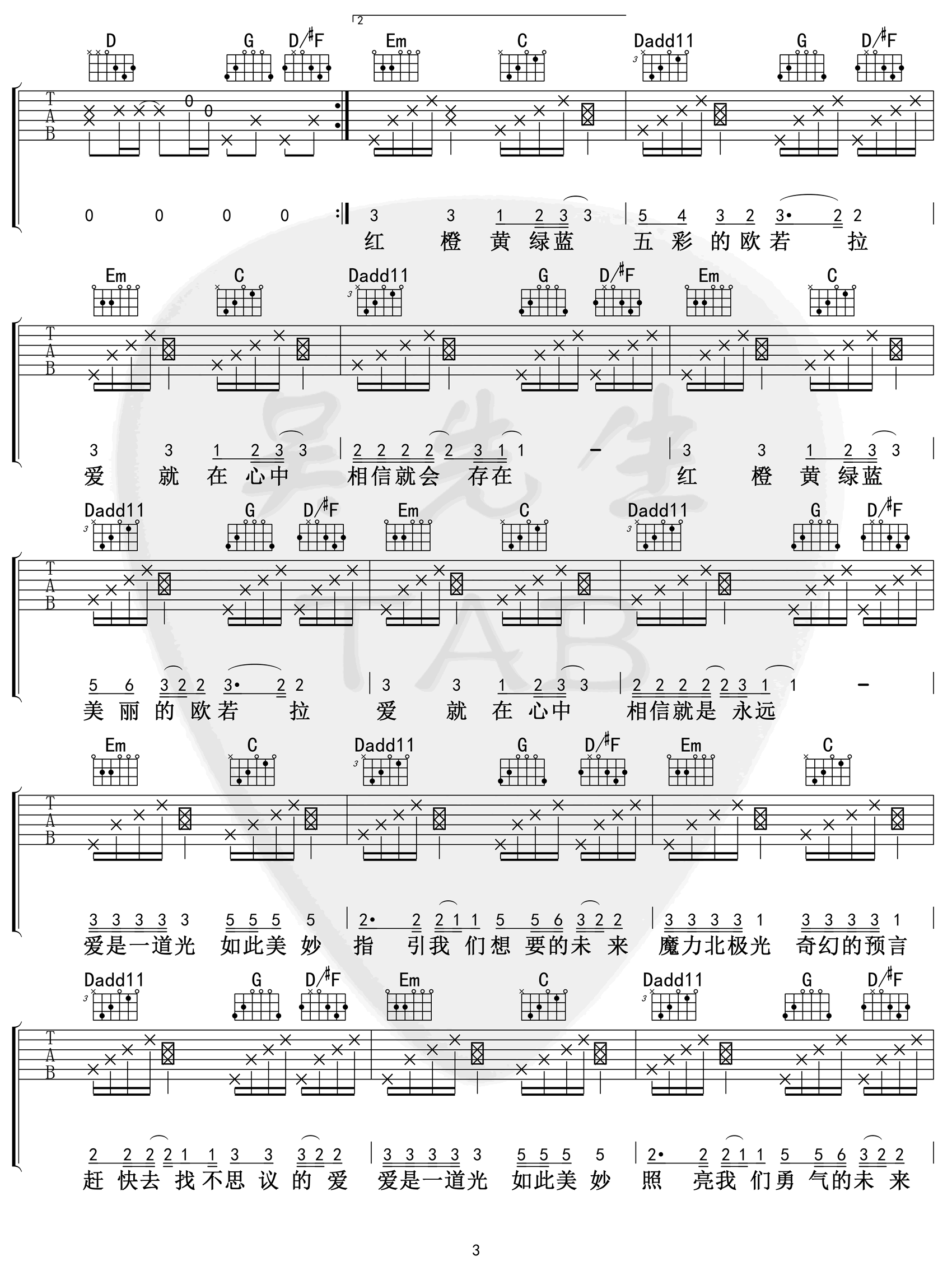 欧若拉吉他谱_胜屿/张韶涵_G调弹唱谱_高清版