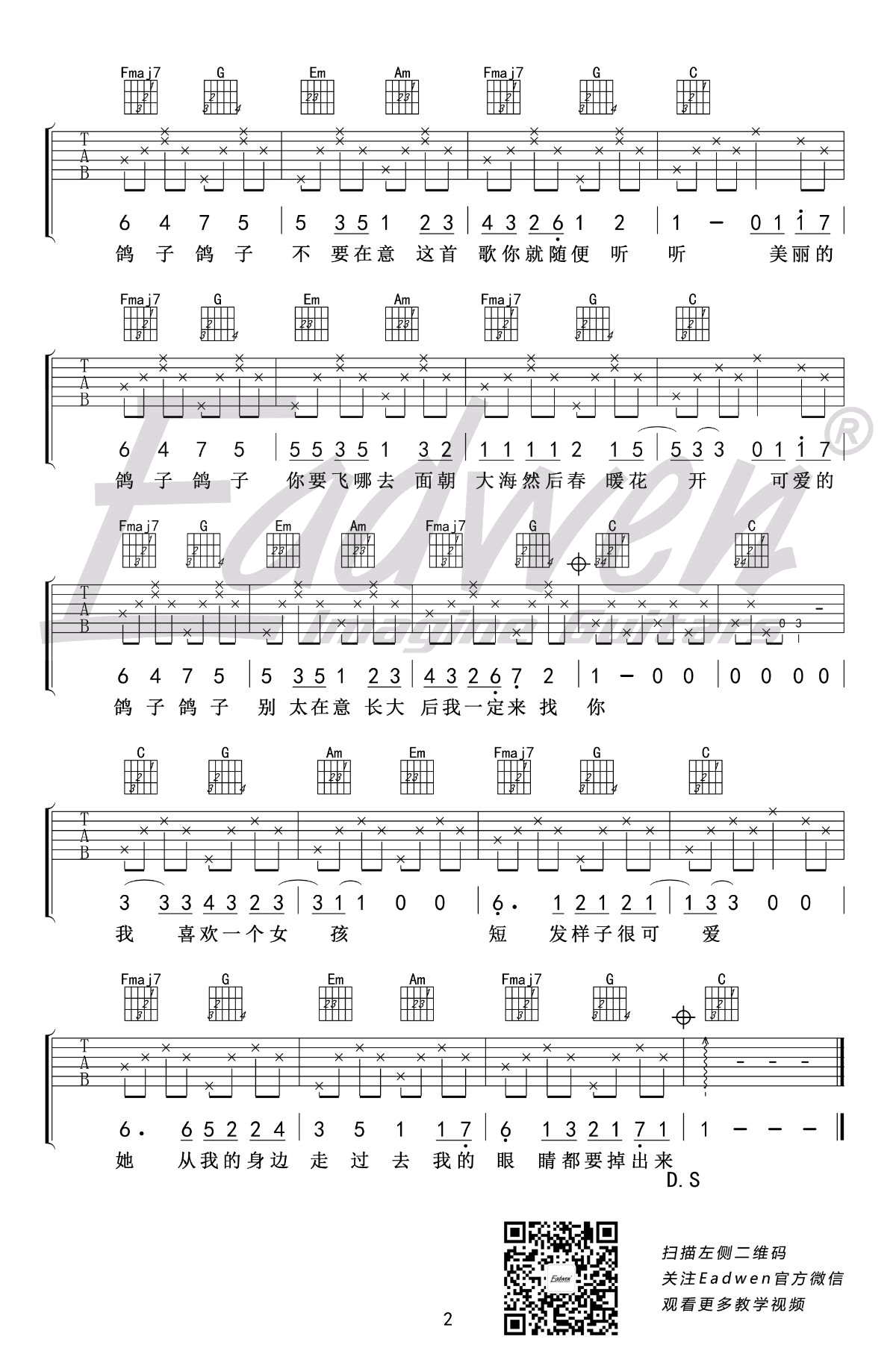 徐秉龙_鸽子_吉他谱_C调_吉他弹唱教学视频