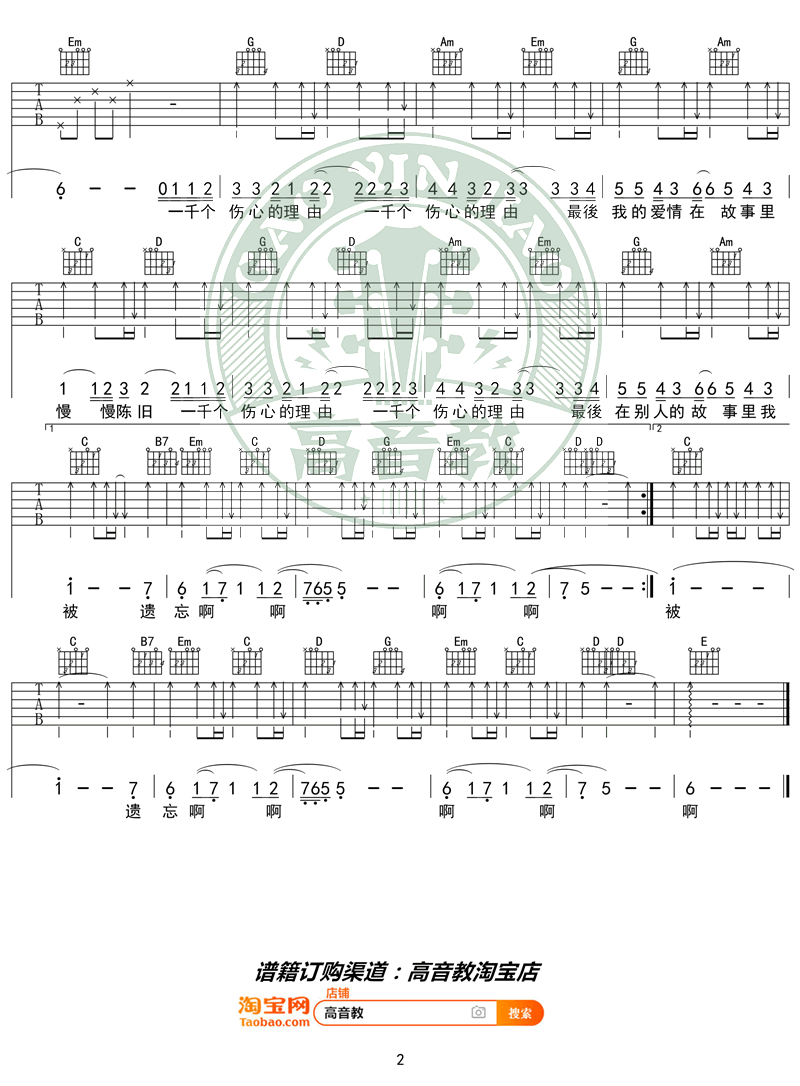 一千个伤心的理由吉他谱_张学友_G调简单版_入门弹唱谱