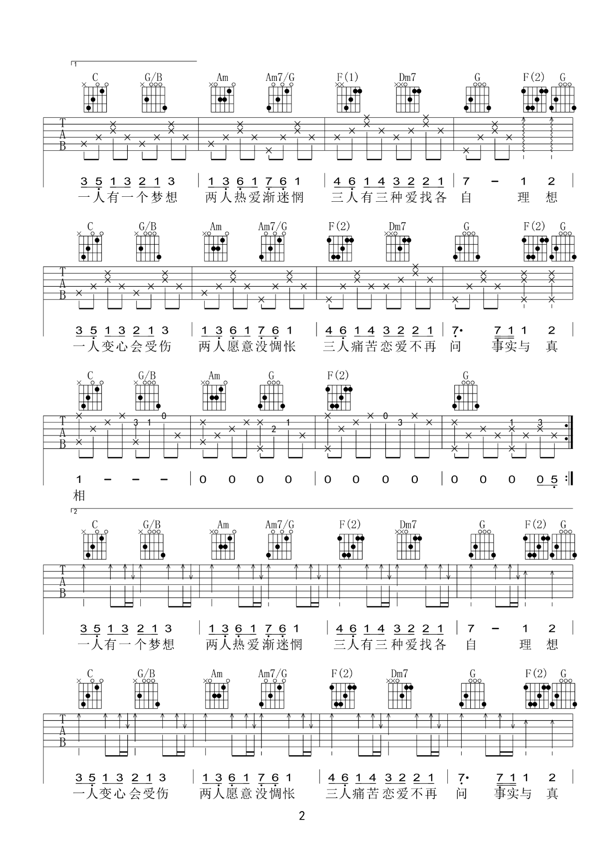 一人有一个梦想吉他谱_C调版吉他弹唱谱