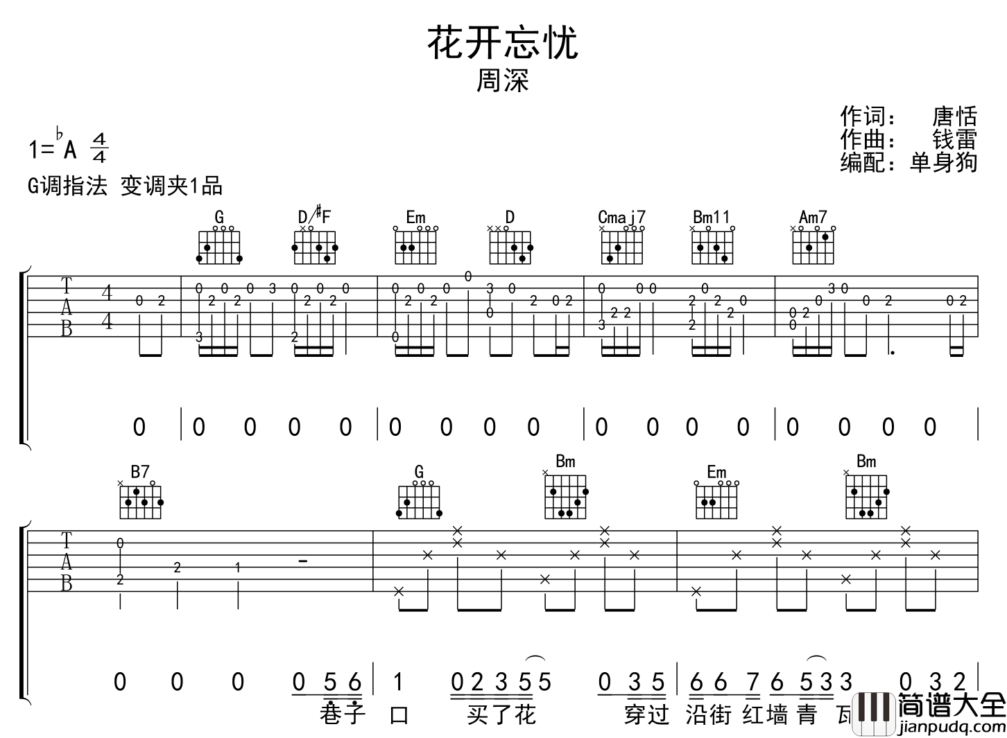 花开忘忧吉他谱_周深_G调指法原版吉他谱