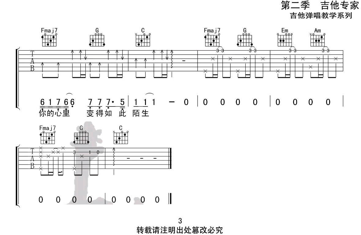 _有名无份_吉他谱_李冠霖_C调原版弹唱六线谱