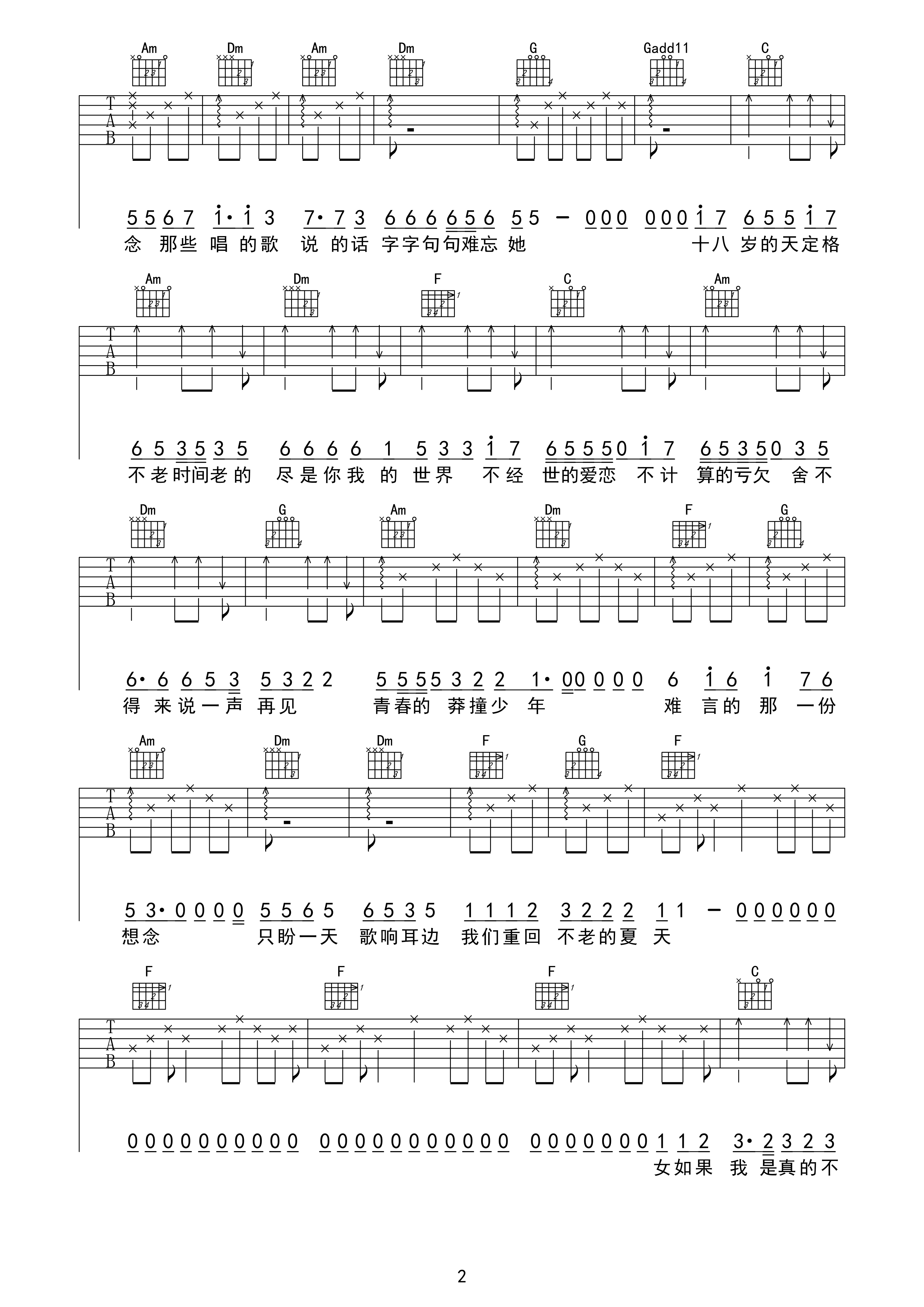 _初恋未满_吉他谱_张含韵/曹轩宾_F调弹唱谱_高清六线谱