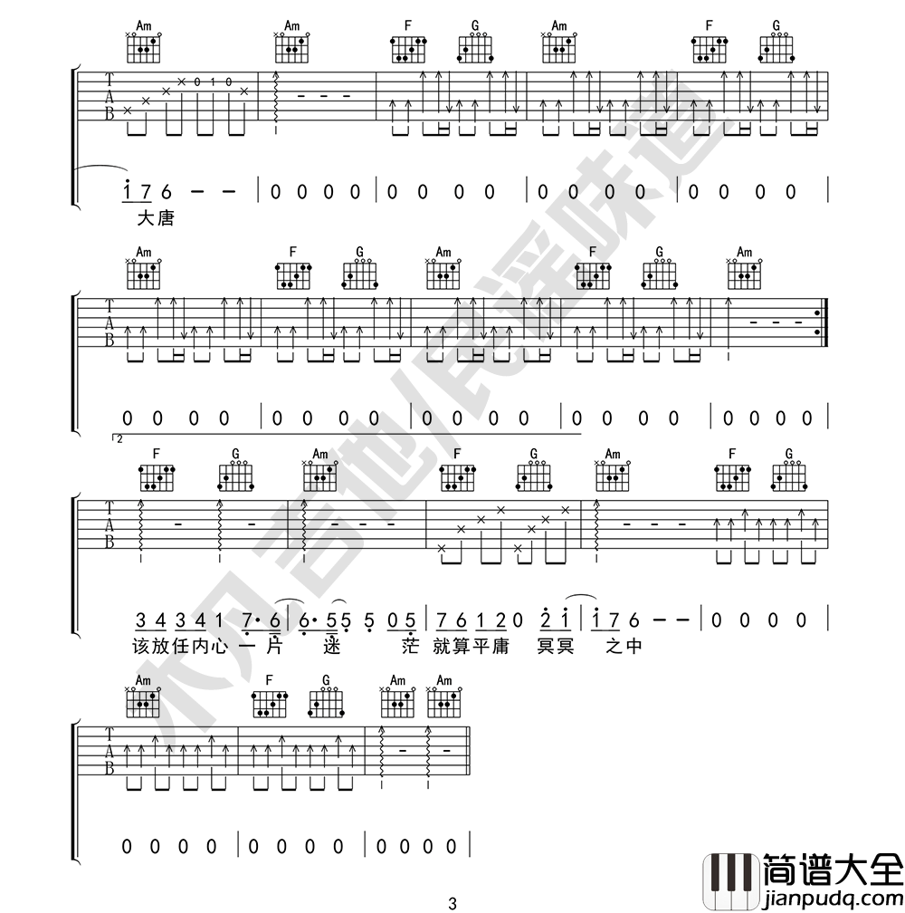 _敬长安_吉他谱_隔壁老樊_C调原版弹唱六线谱