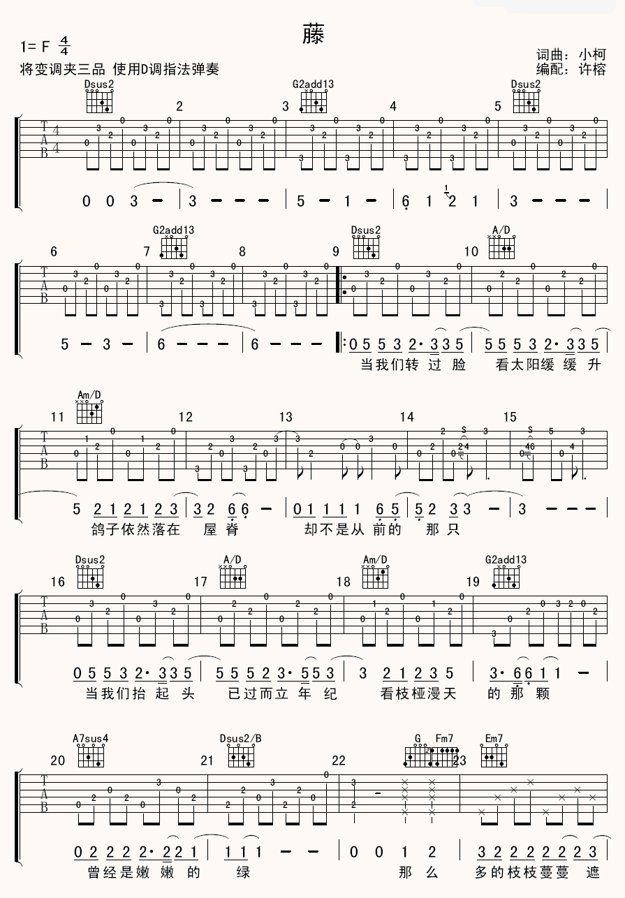 藤吉他谱_F调六线谱_许榕编配_小柯