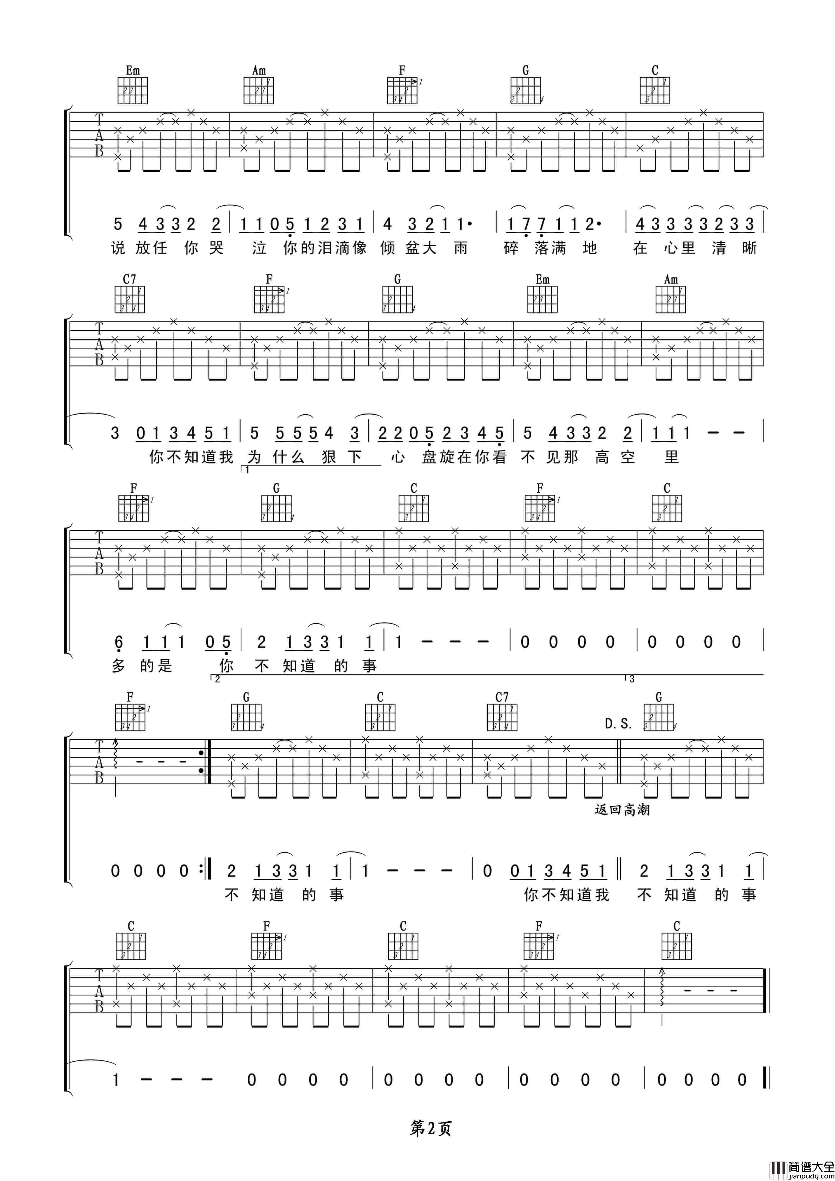 你不知道的事吉他谱_C调六线谱_卢家兴编配_王力宏