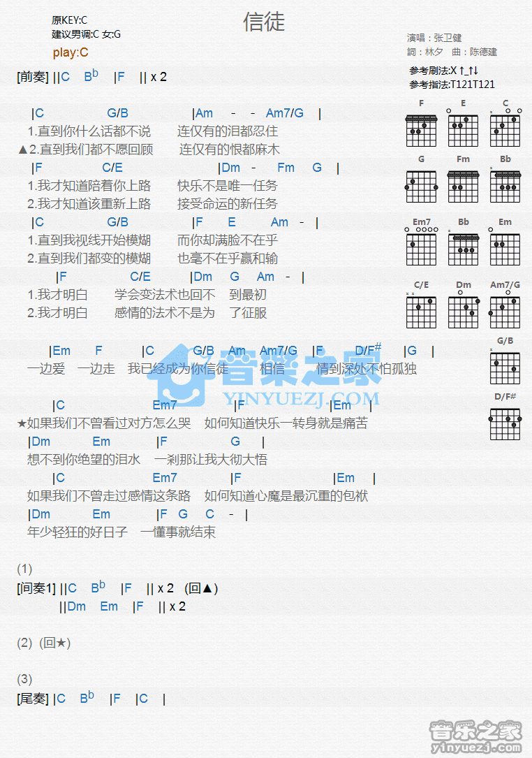 信徒吉他谱_G调和弦谱_张卫健