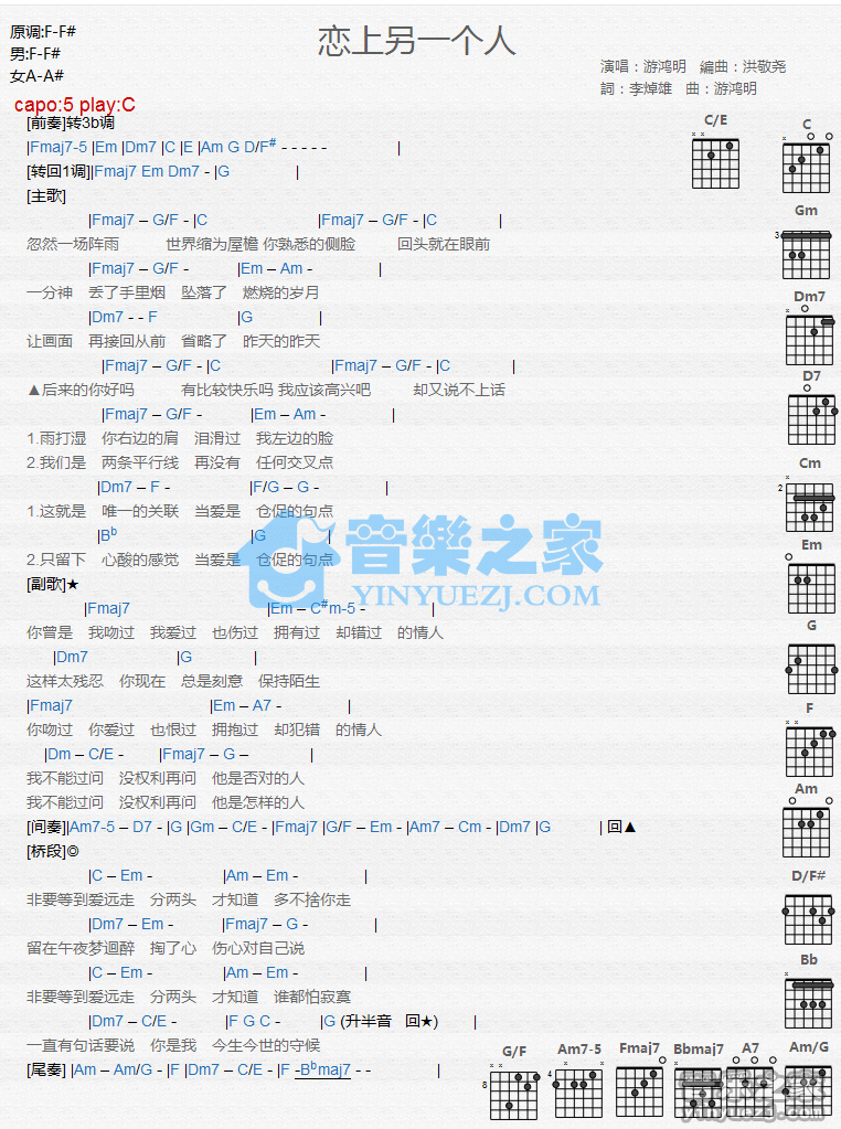 恋上另一个人吉他谱_C调和弦谱_游鸿明