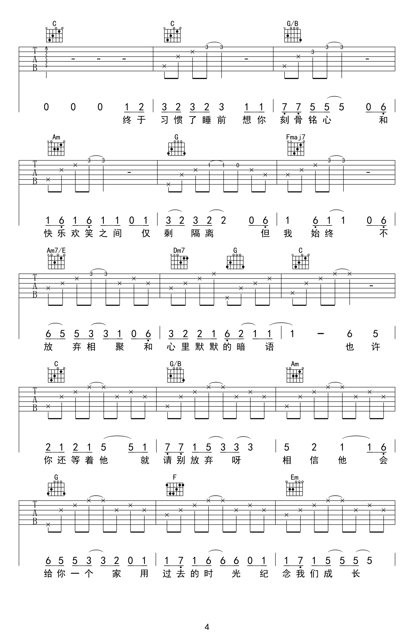 等他吉他谱_小伊伊(美伊)_C调弹唱谱_图片谱