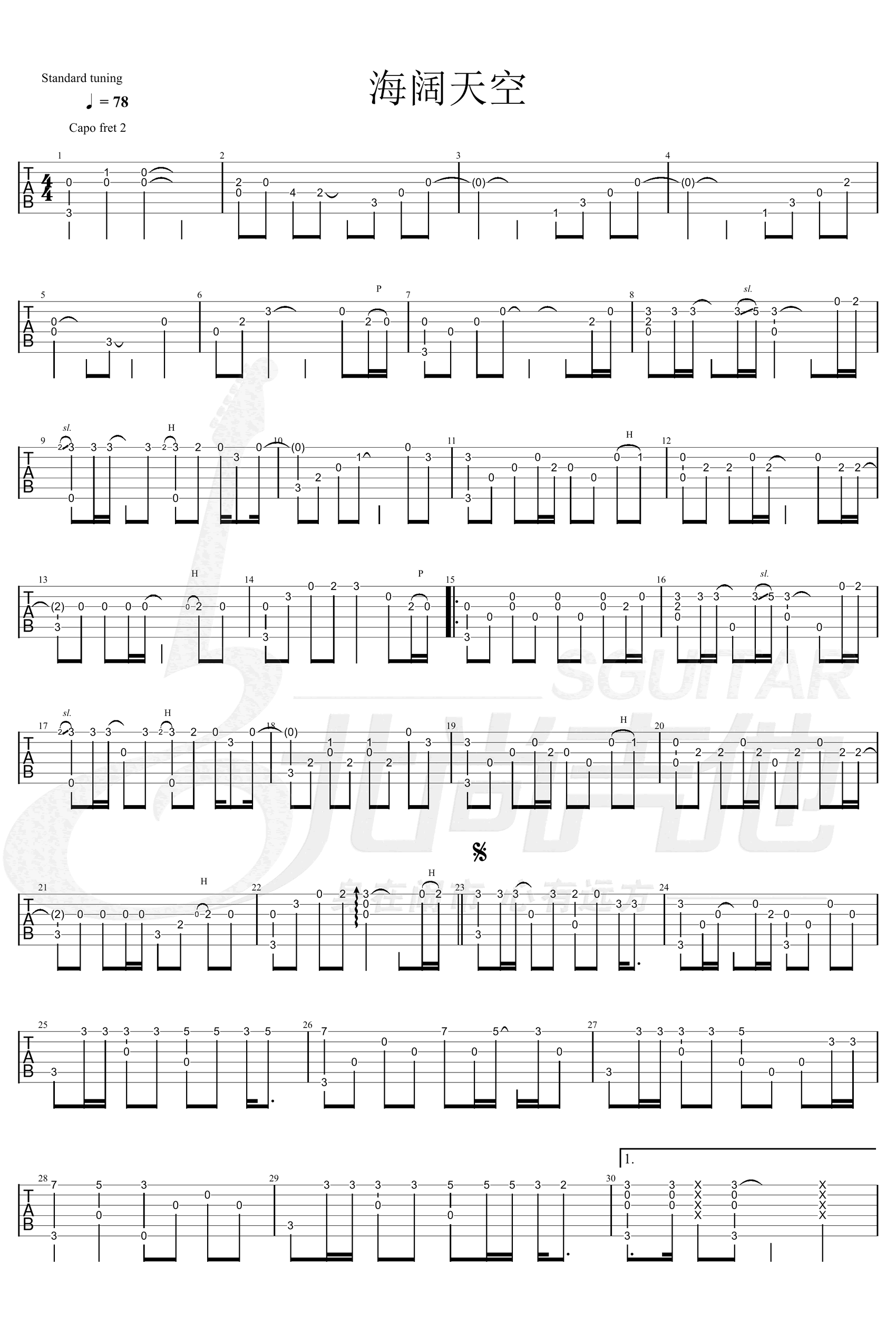 海阔天空指弹谱_Beyond_吉他独奏谱_指弹演示视频