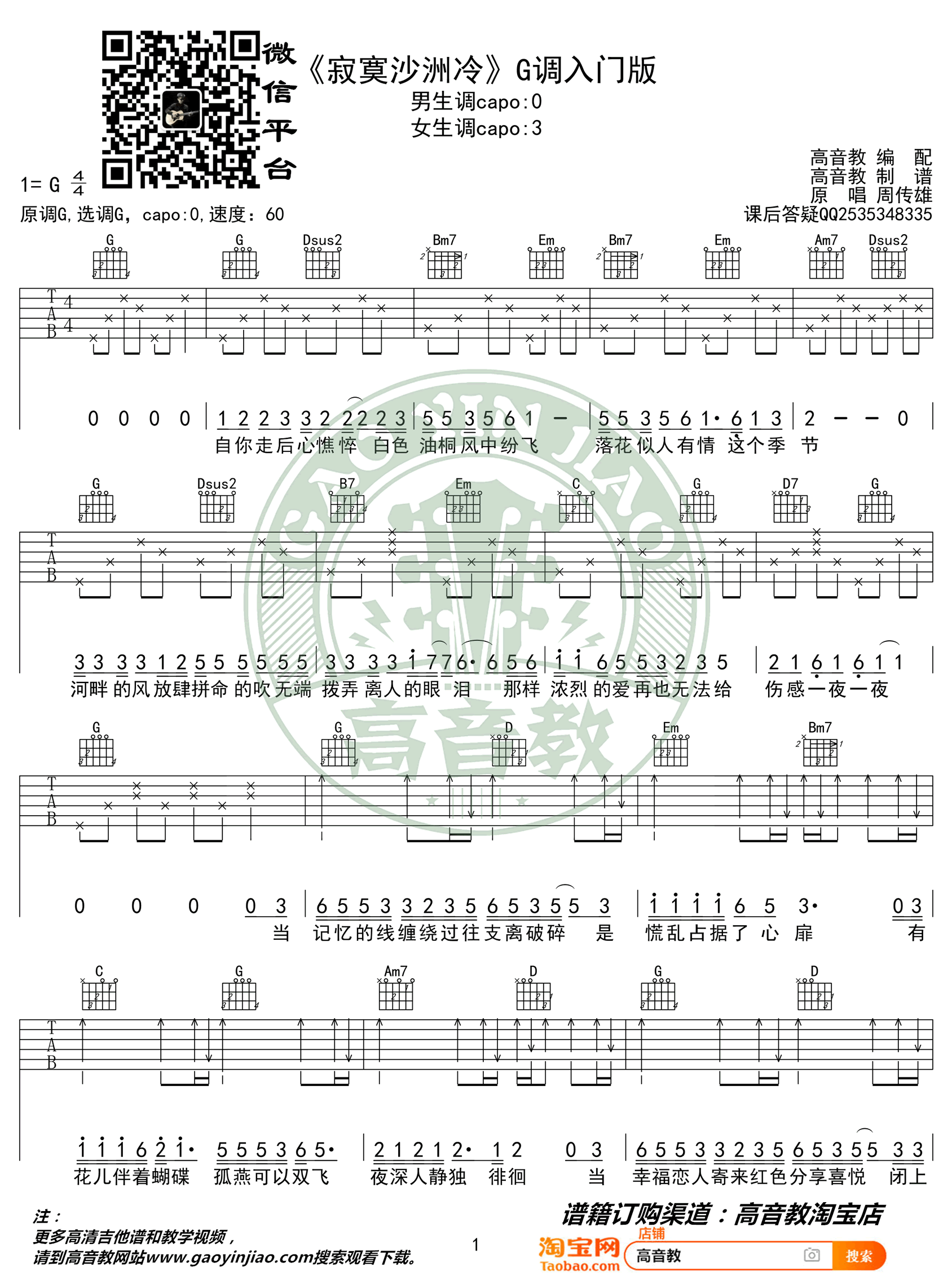 寂寞沙洲冷吉他谱_周传雄_G调入门版_弹唱谱