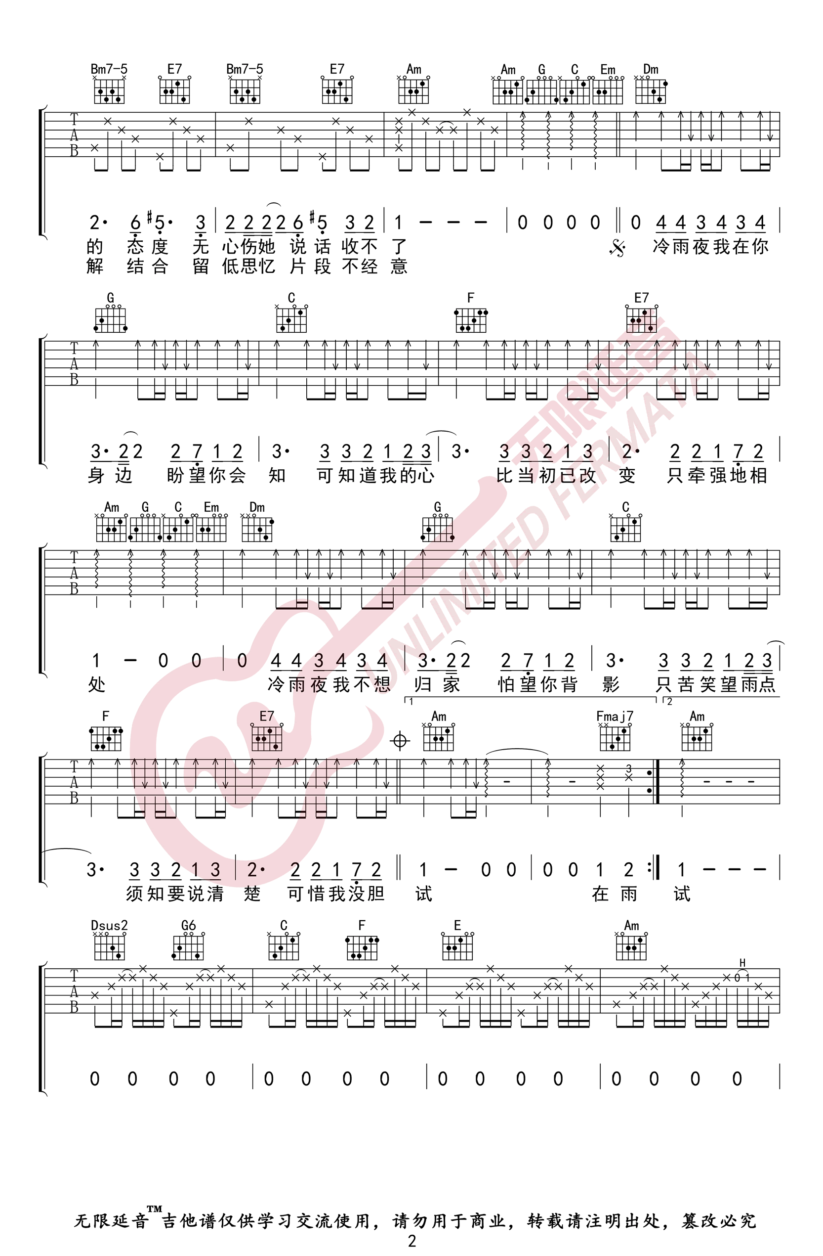 _冷雨夜_吉他谱_Beyond_C调原版弹唱六线谱