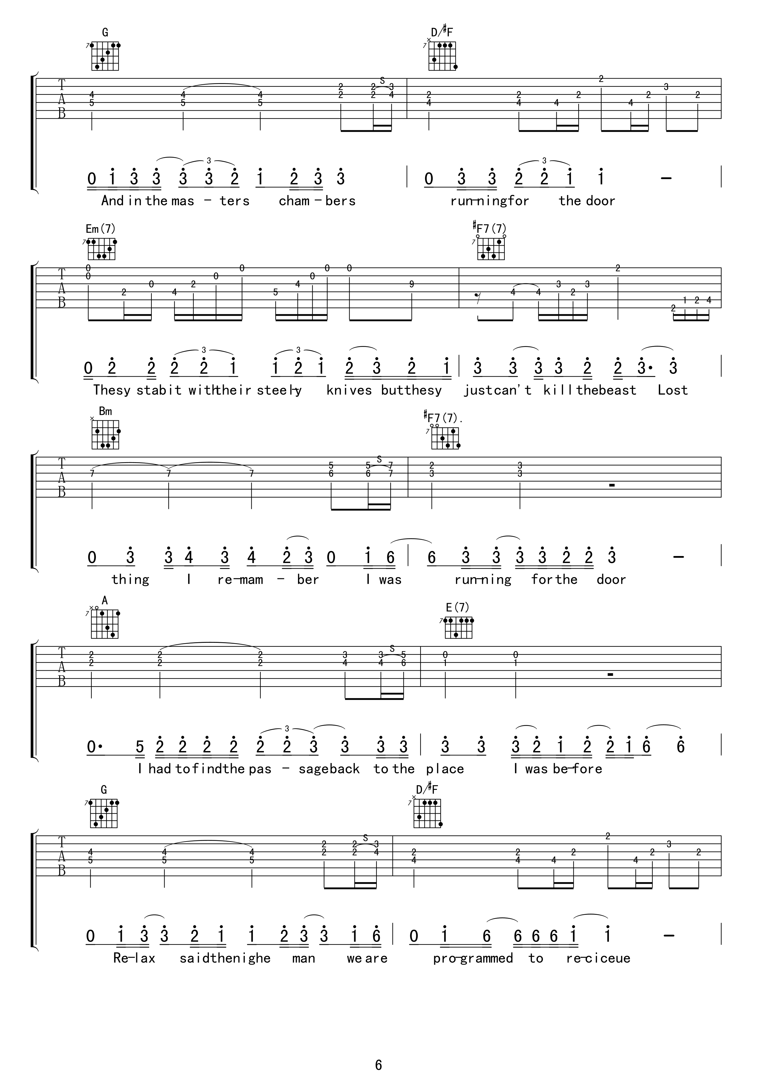 老鹰乐队Hotel_California_加州旅馆_D调弹唱吉他六线谱_原版编配