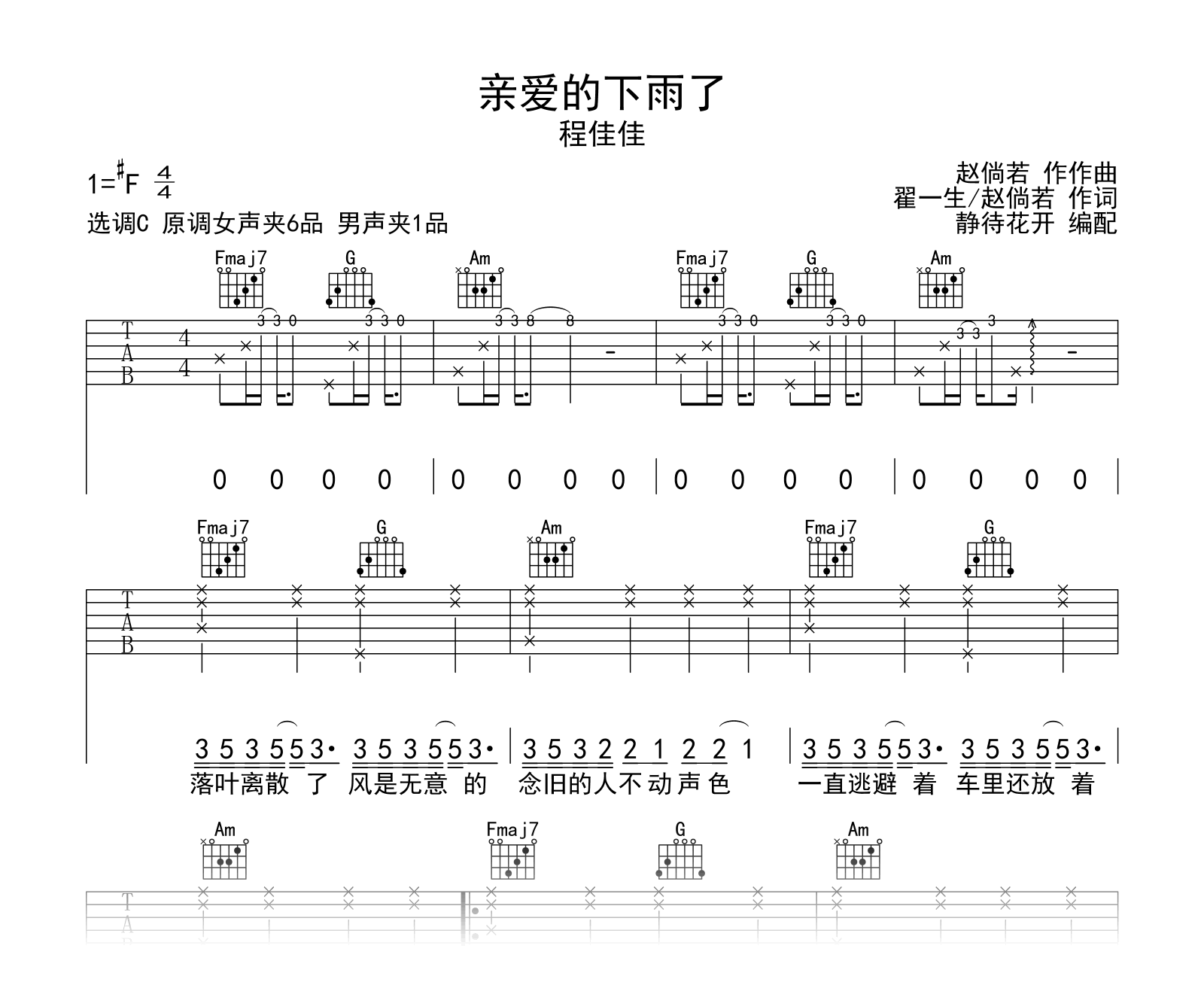 亲爱的下雨了吉他谱_程佳佳_C调_弹唱六线谱