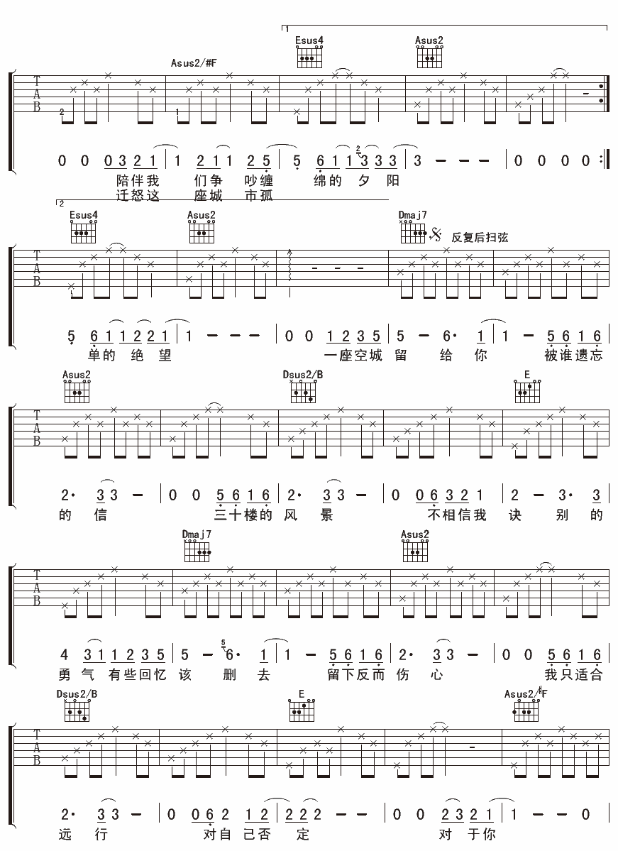 两湾城吉他谱_A调男生版_王啸坤