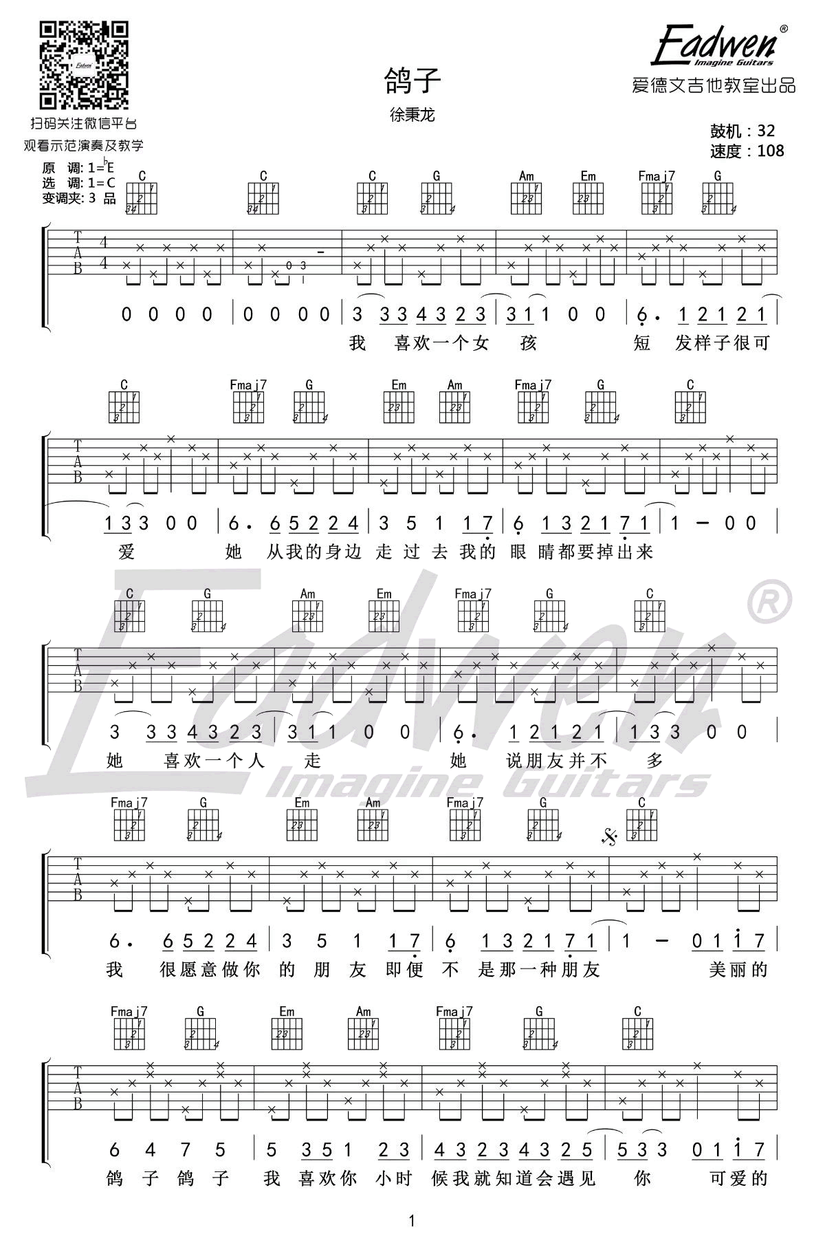 徐秉龙_鸽子_吉他谱_C调_吉他弹唱教学视频