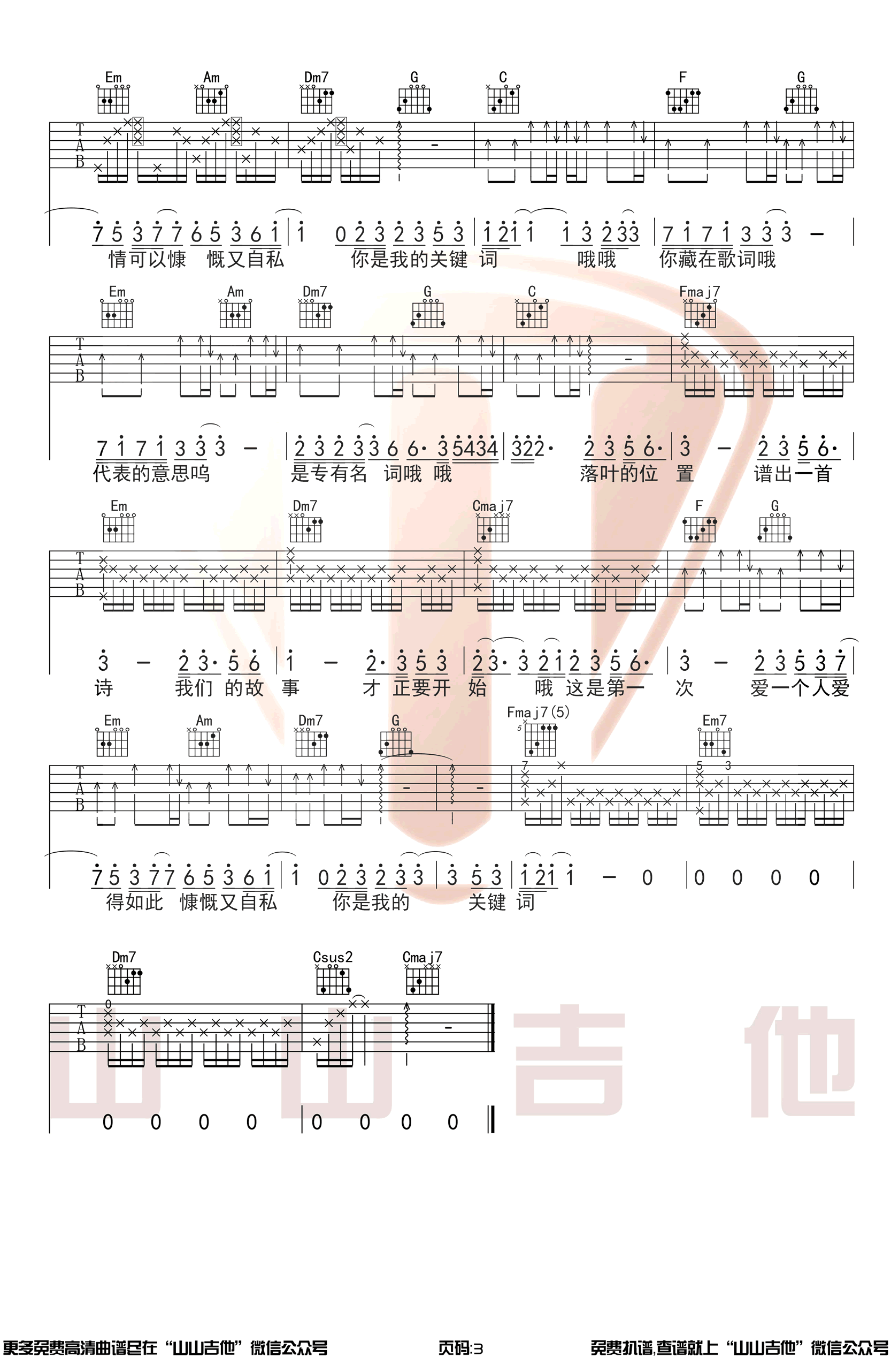 关键词吉他谱_林俊杰_C调原版弹唱谱_演示视频