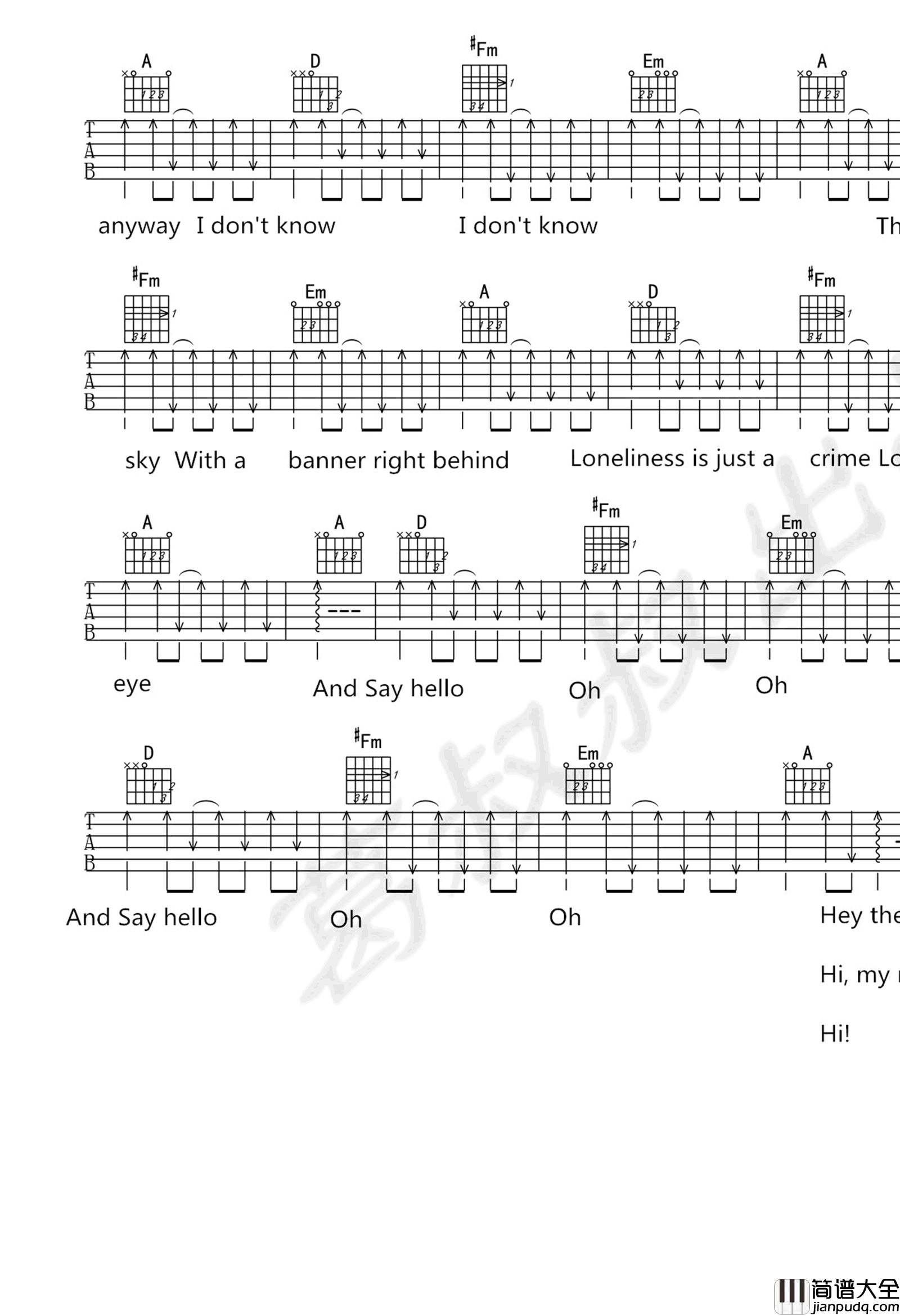 _Say_Hello_吉他谱_Thomas/Sufjan_Stevens_D调弹唱六线谱