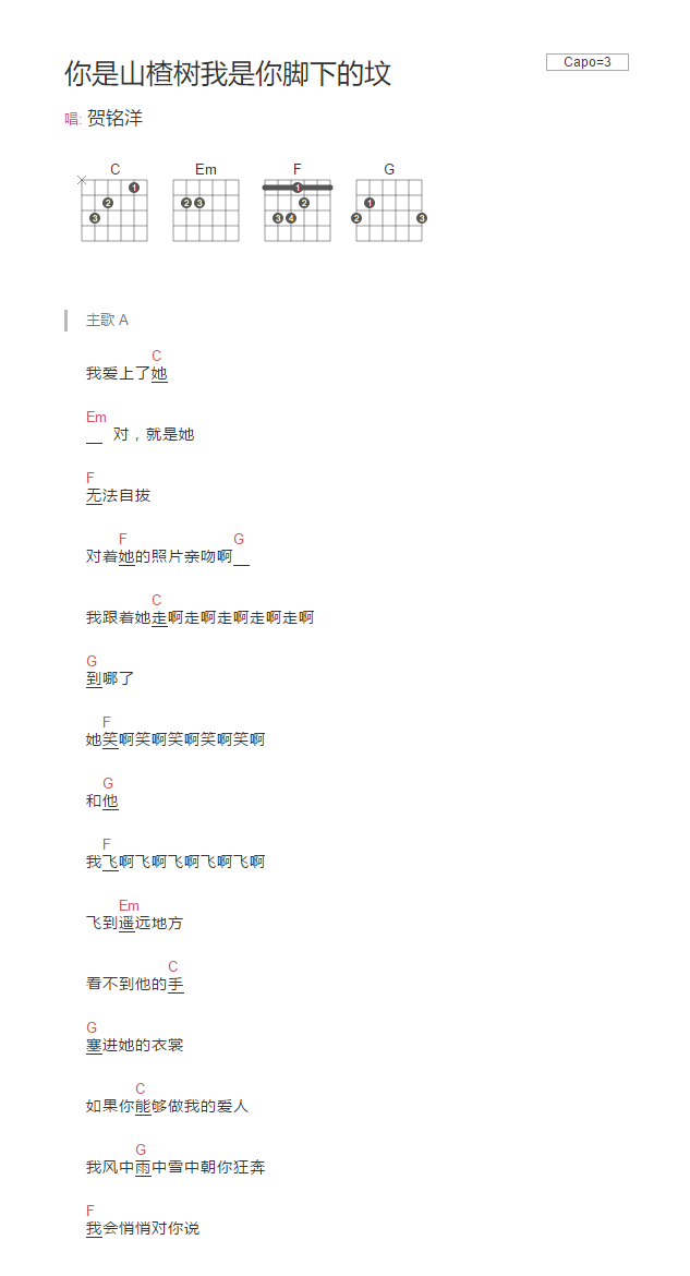你是山楂树我是你脚下的坟吉他谱_C调和弦谱_简单版_贺铭洋