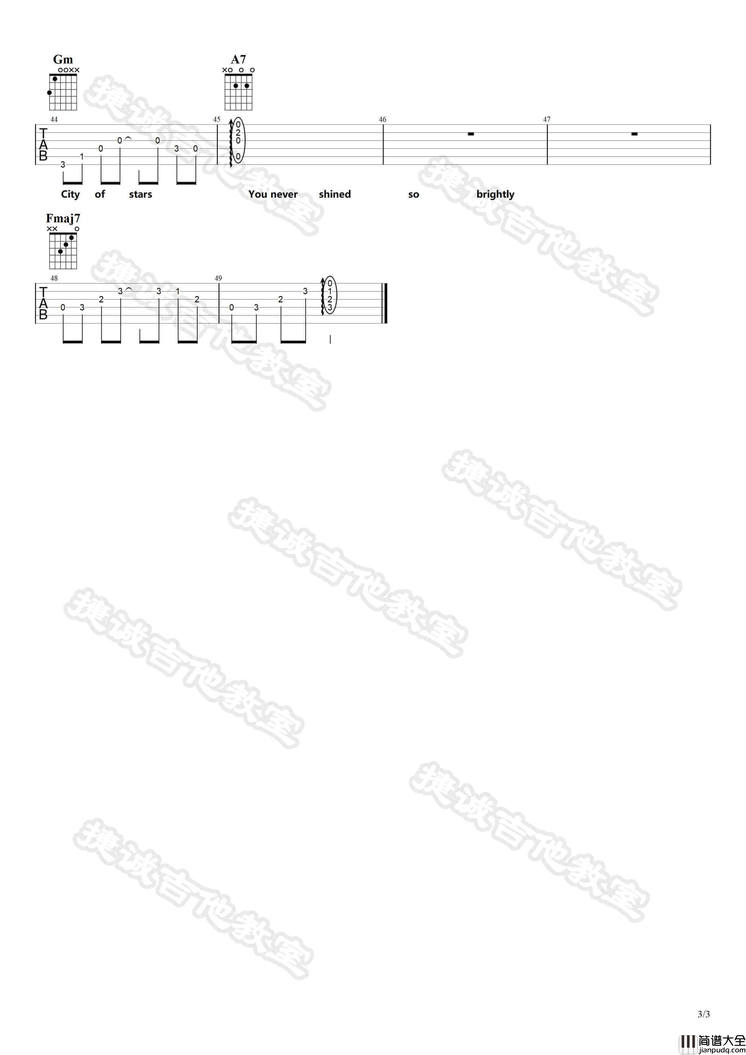 City_of_stars吉他谱_F调六线谱_捷城吉他教室编配_Ryan_Gosling