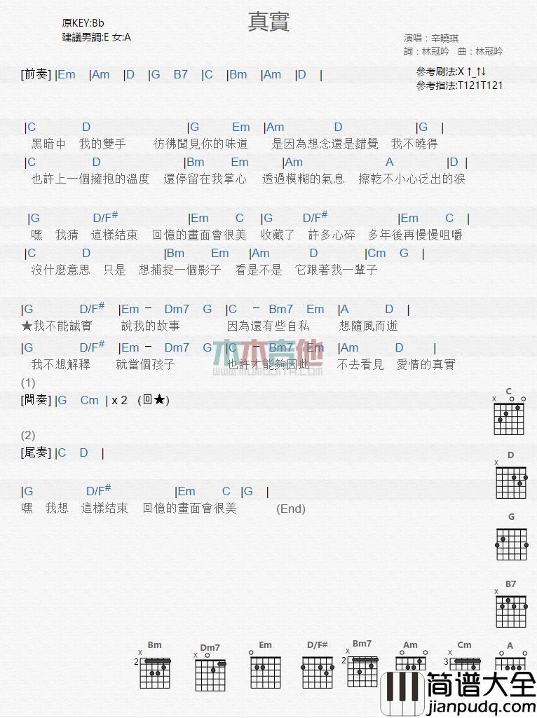 真实_吉他谱_辛晓琪