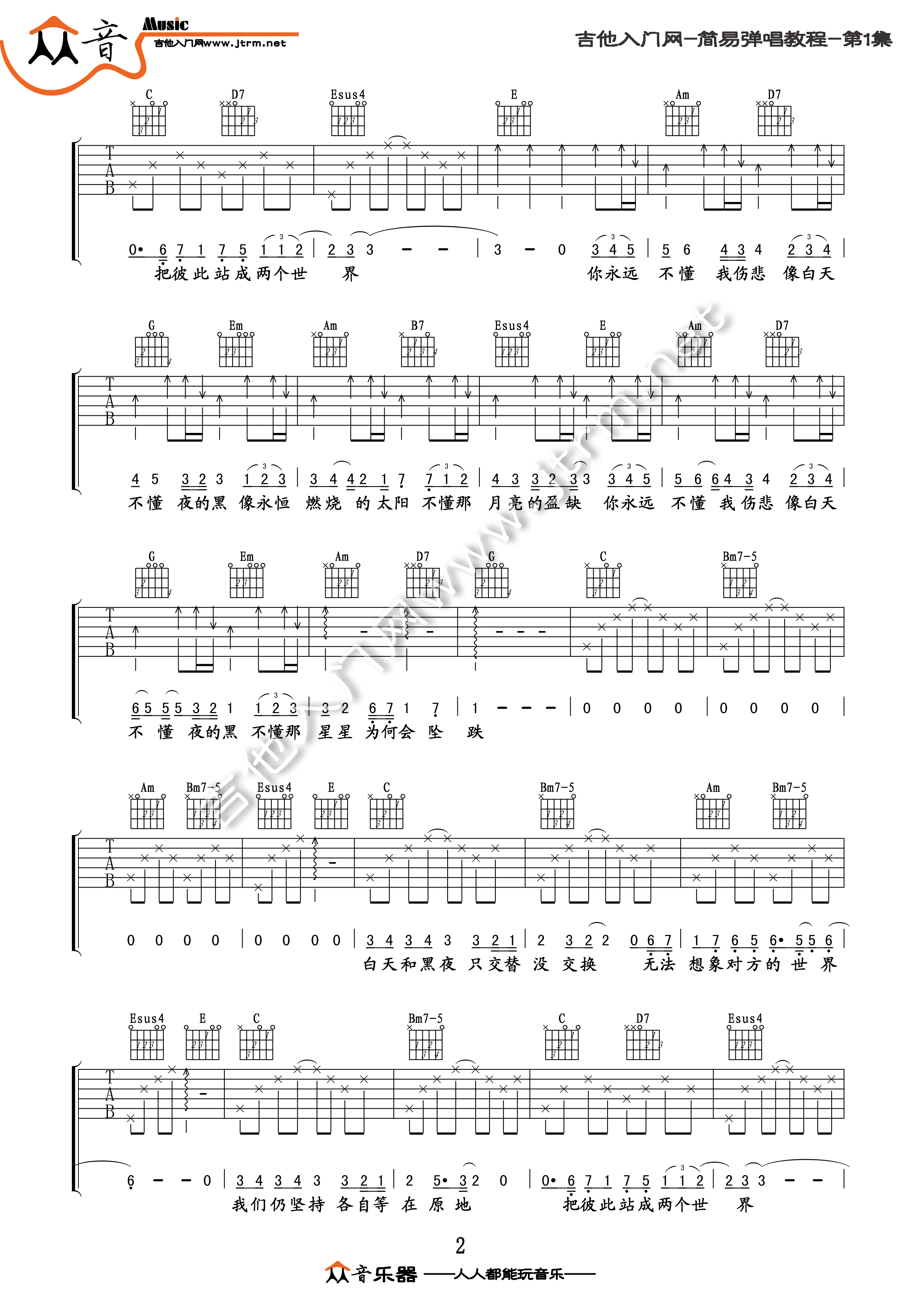白天不懂夜的黑吉他谱_G调简单版_吉他入门网编配_那英