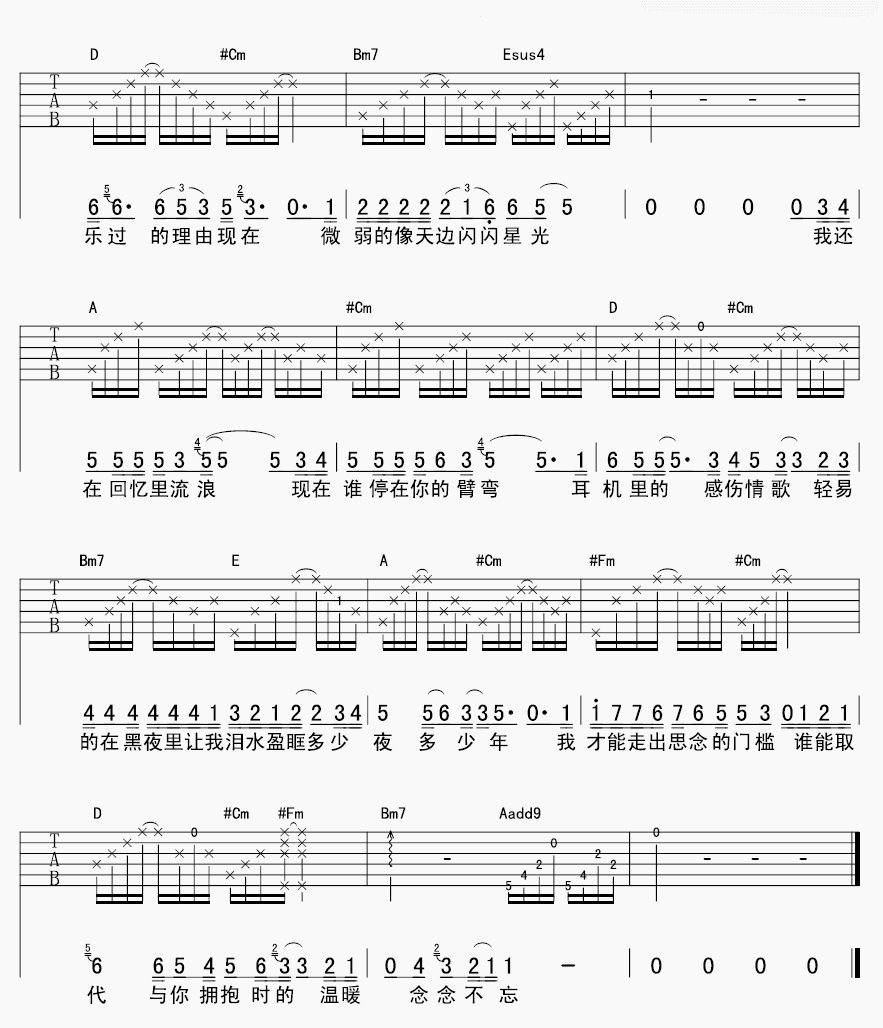 飞行中的思念吉他谱_A调六线谱_附前奏_刘若英