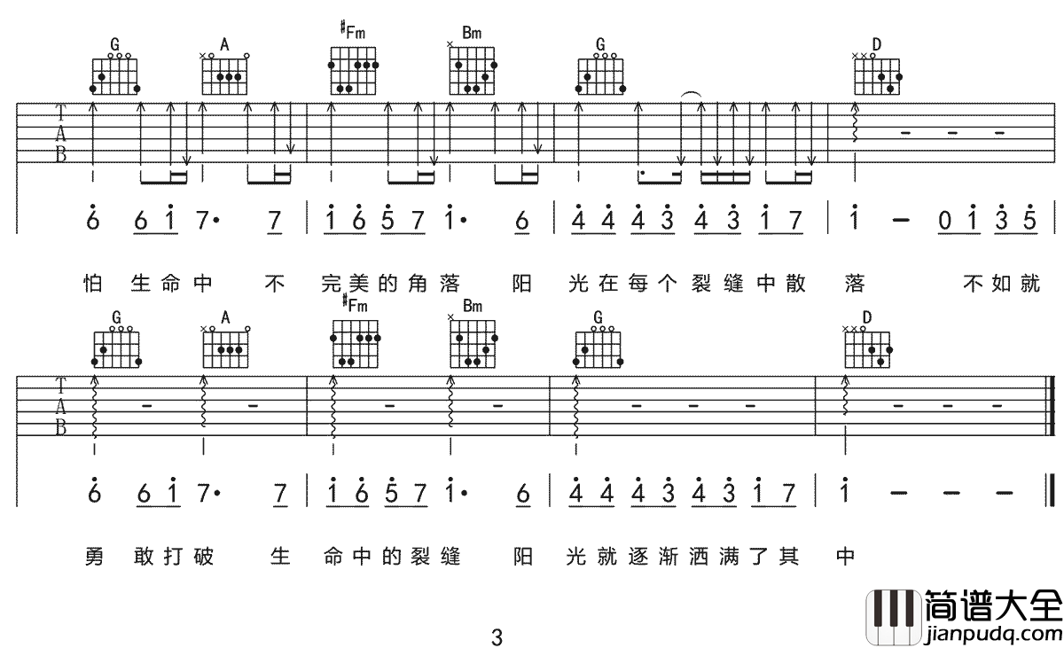 _裂缝中的阳光_吉他谱_林俊杰_C调原版弹唱谱_高清六线谱