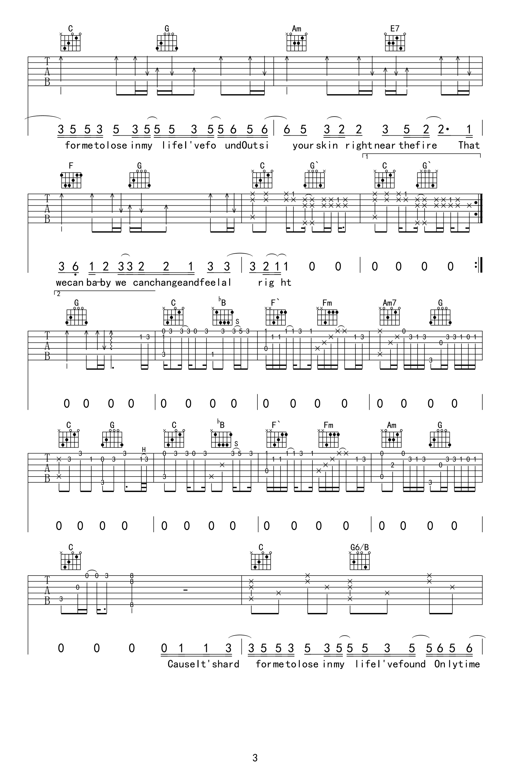 Free_loop吉他谱_C调_Daniel_Powter_弹唱六线谱